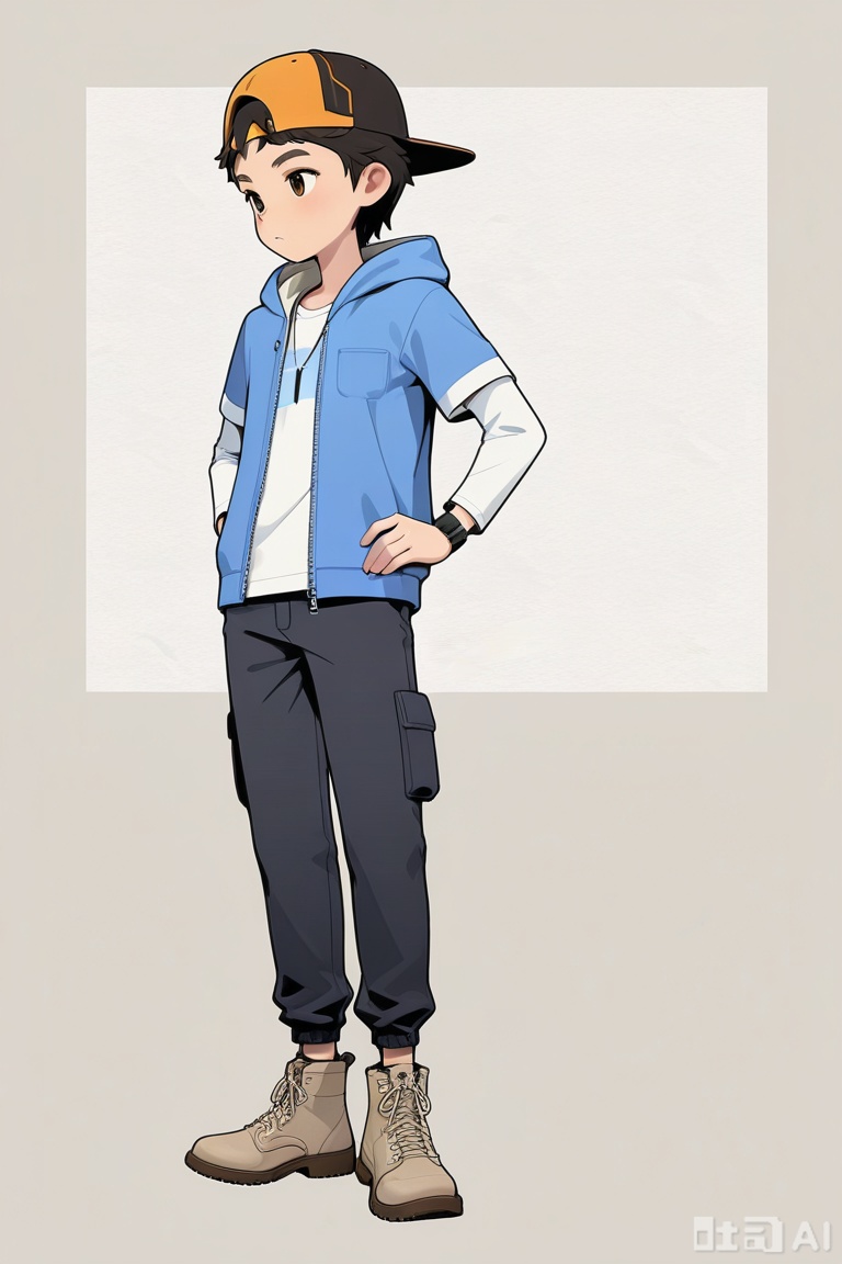 bobby\(deadly antidote\),Blue hooded jacket,Black pants,ankle boots,white shirt,layered sleeves, baseball cap