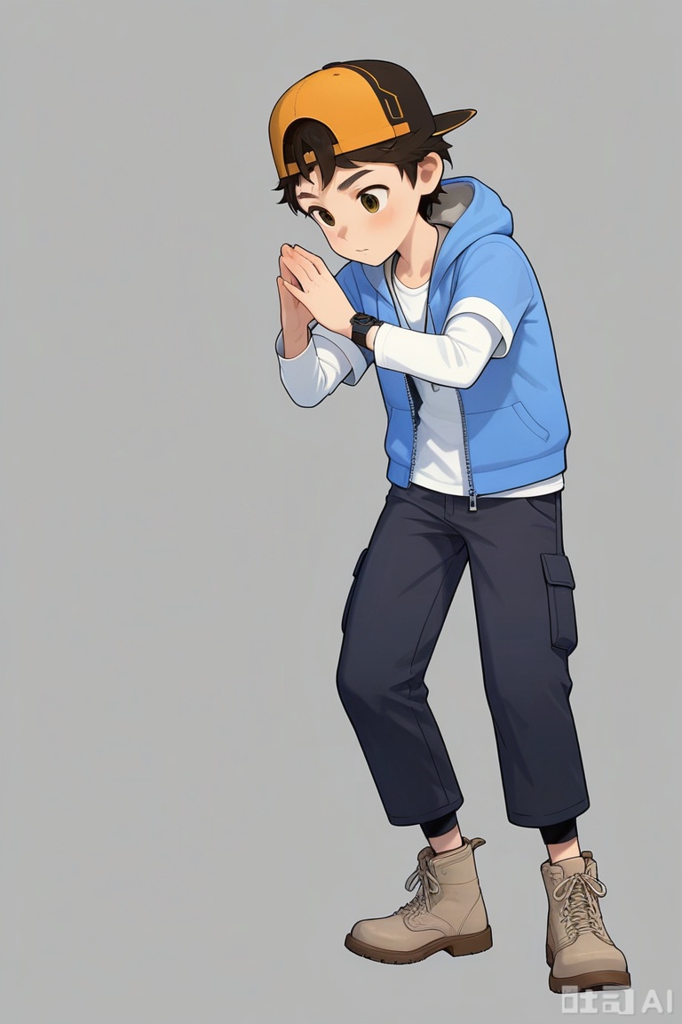 bobby\(deadly antidote\),Blue hooded jacket,Black pants,ankle boots,white shirt,layered sleeves, baseball cap
