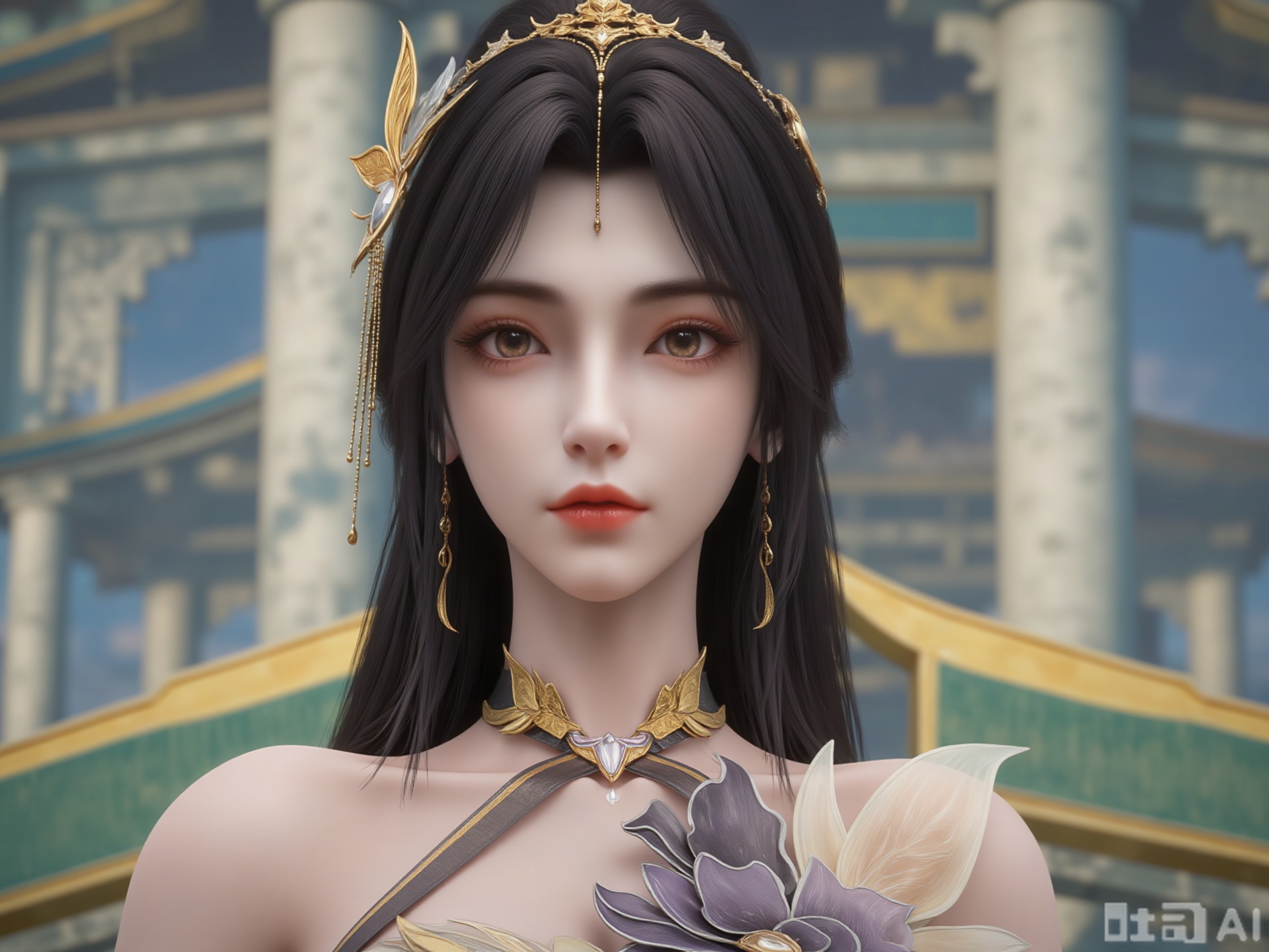 A stunning, realistic digital illustration of a young Asian woman with long black hair, adorned with golden, intricate hair accessories. She has fair skin, large expressive eyes, and full lips with a subtle red hue. Her attire includes a gold choker with a large, ornate pendant and a matching gold and white floral piece on her shoulder. The background features a blurred, majestic palace with green and gold accents, suggesting an ancient Chinese setting. The lighting is soft, emphasizing her serene expression and the intricate details of her accessories. The art style is highly detailed and realistic, with a focus on elegance and grace.,zichu-WX