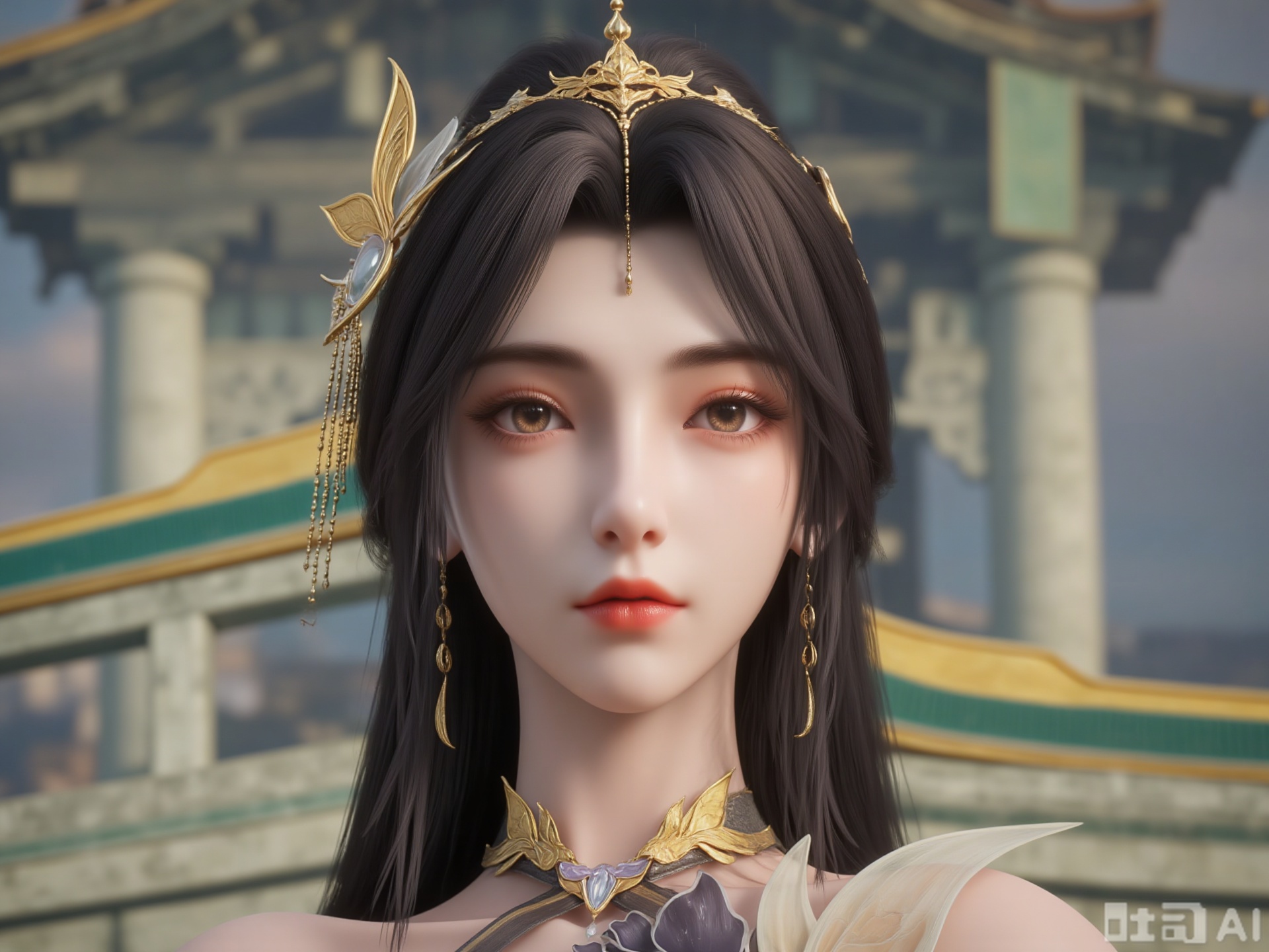 A stunning, realistic digital illustration of a young Asian woman with long black hair, adorned with golden, intricate hair accessories. She has fair skin, large expressive eyes, and full lips with a subtle red hue. Her attire includes a gold choker with a large, ornate pendant and a matching gold and white floral piece on her shoulder. The background features a blurred, majestic palace with green and gold accents, suggesting an ancient Chinese setting. The lighting is soft, emphasizing her serene expression and the intricate details of her accessories. The art style is highly detailed and realistic, with a focus on elegance and grace.,zichu-WX