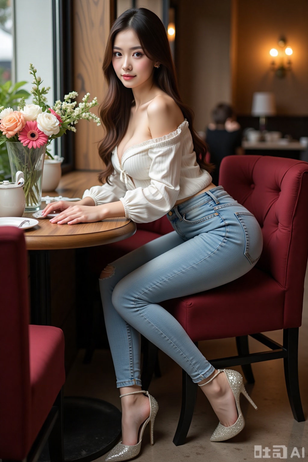 Realistic photo of a young woman with long hair, fair skin, big breasts, off-shoulder fashion shirt, tight jeans, bent over, long legs, sequin high heels, full body, sitting, tea room, bar, flowers,