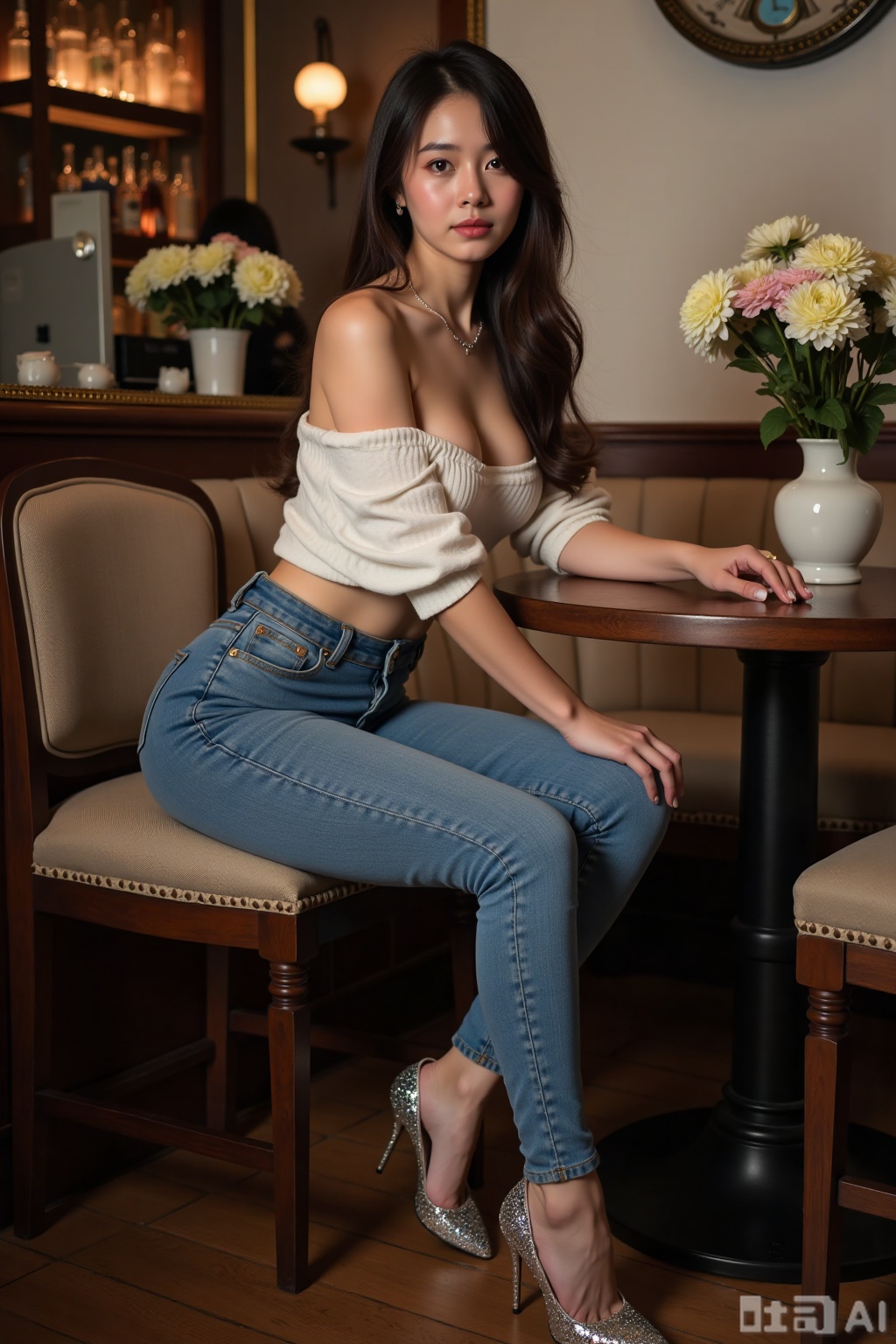 Realistic photo of a young woman with long hair, fair skin, big breasts, off-shoulder fashion shirt, tight jeans, bent over, long legs, sequin high heels, full body, sitting, tea room, bar, flowers,
