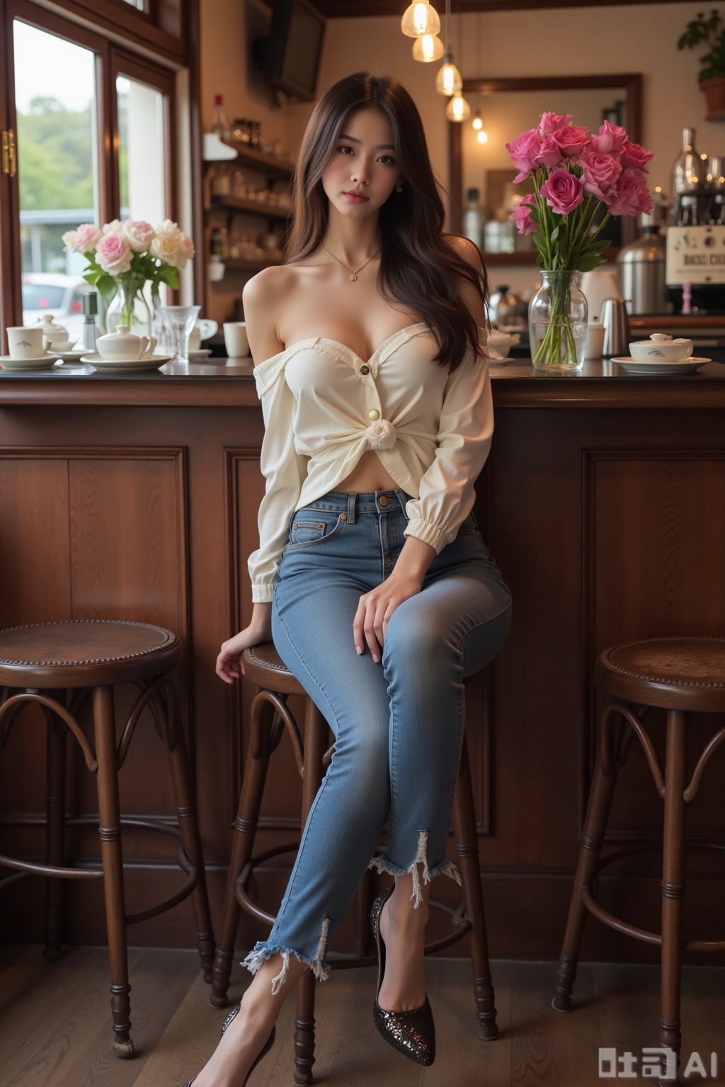 Realistic photo of a young woman with long hair, fair skin, big breasts, off-shoulder fashion shirt, tight jeans, bent over, long legs, sequin high heels, full body, sitting, tea room, bar, flowers,
