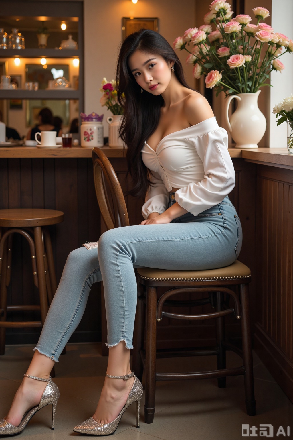 Realistic photo of a young woman with long hair, fair skin, big breasts, off-shoulder fashion shirt, tight jeans, bent over, long legs, sequin high heels, full body, sitting, tea room, bar, flowers,