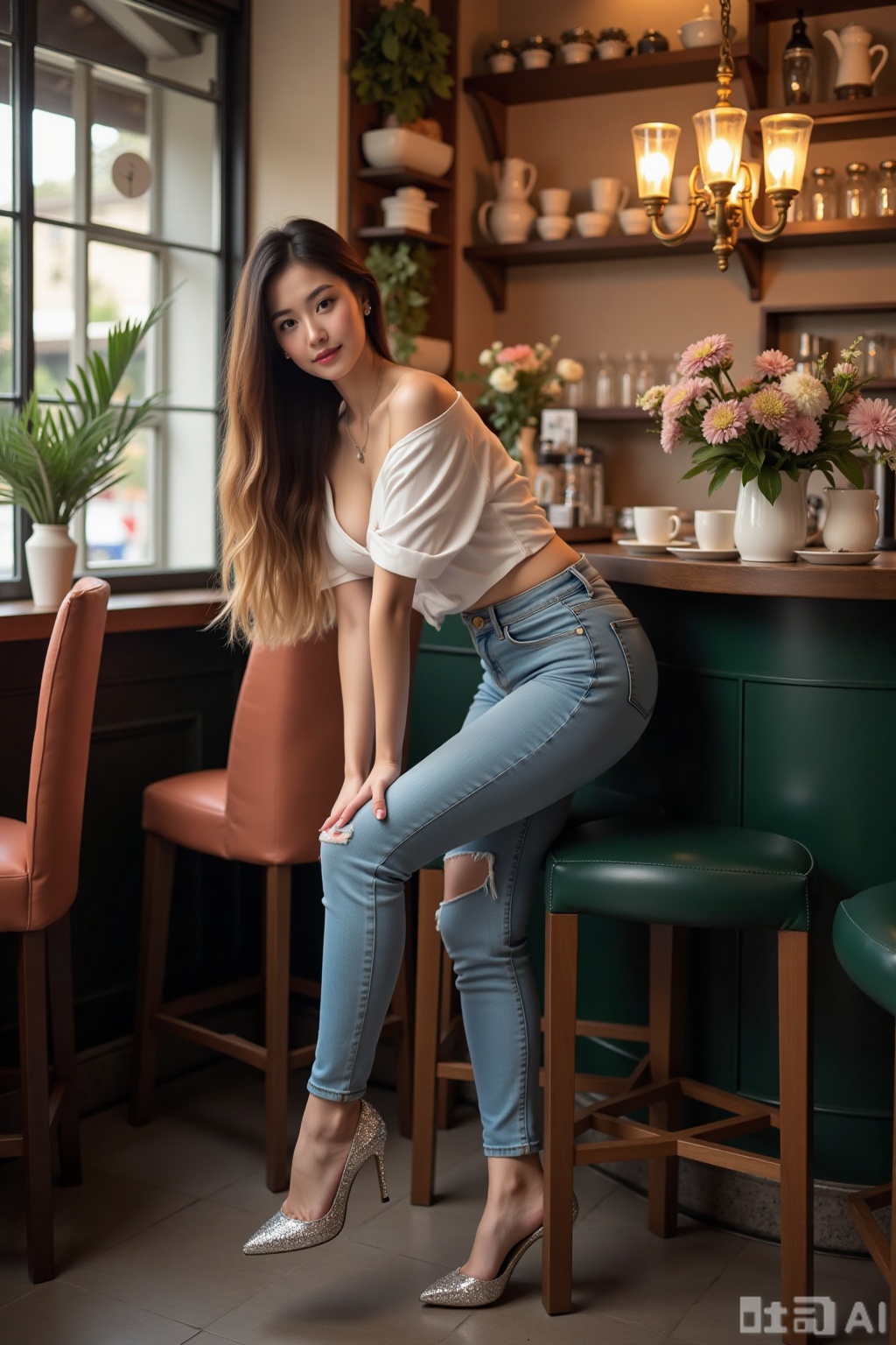 Realistic photo of a young woman with long hair, fair skin, big breasts, off-shoulder fashion shirt, tight jeans, bent over, long legs, sequin high heels, full body, sitting, tea room, bar, flowers,