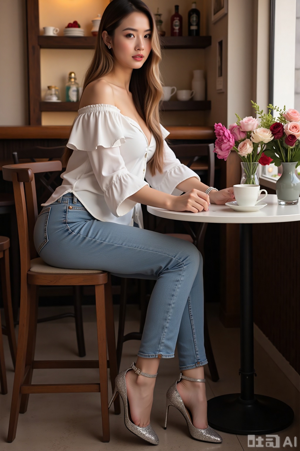 Realistic photo of a young woman with long hair, fair skin, big breasts, off-shoulder fashion shirt, tight jeans, bent over, long legs, sequin high heels, full body, sitting, tea room, bar, flowers,