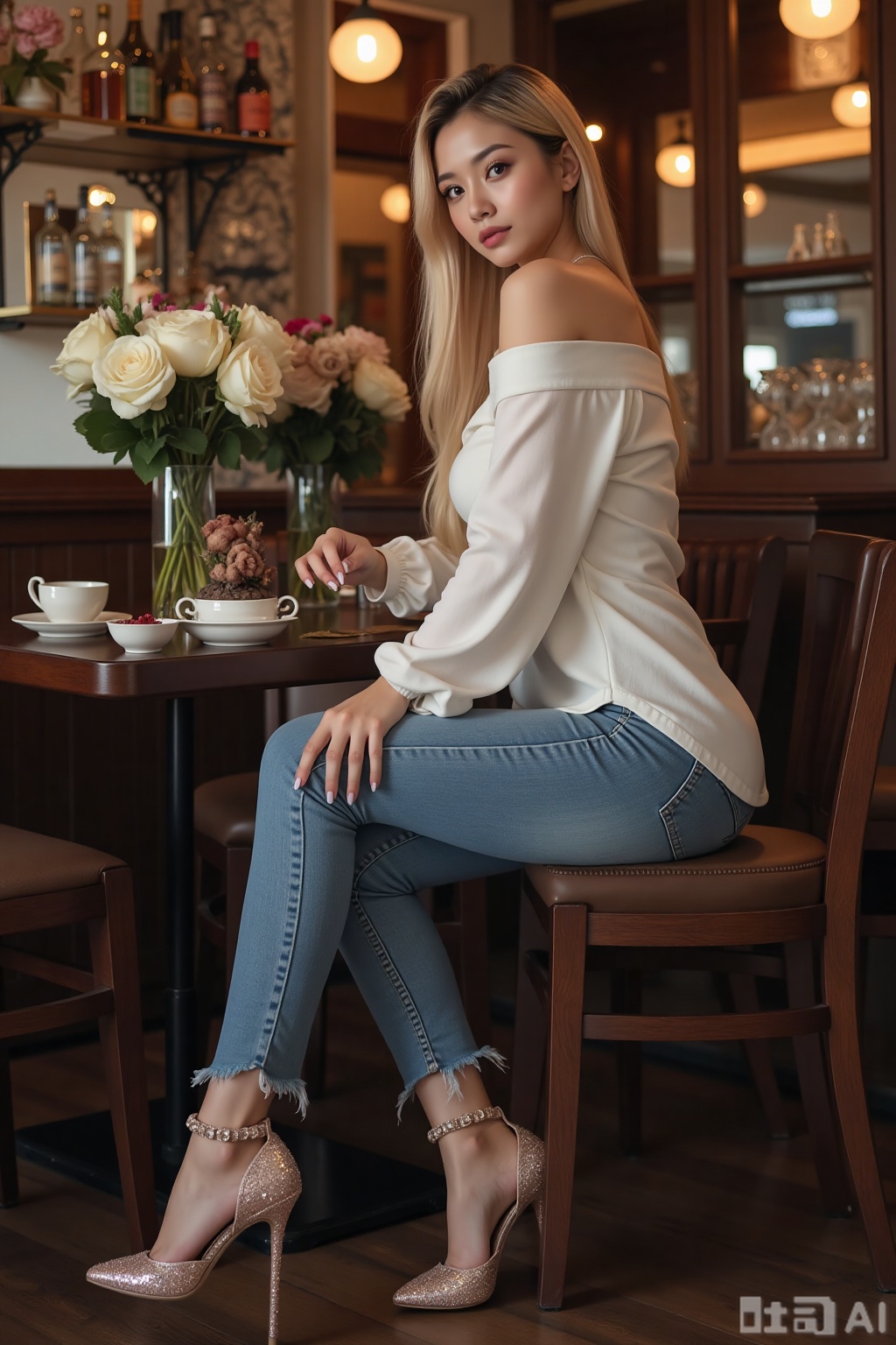 Realistic photo of a young woman with long hair, fair skin, big breasts, off-shoulder fashion shirt, tight jeans, bent over, long legs, sequin high heels, full body, sitting, tea room, bar, flowers,