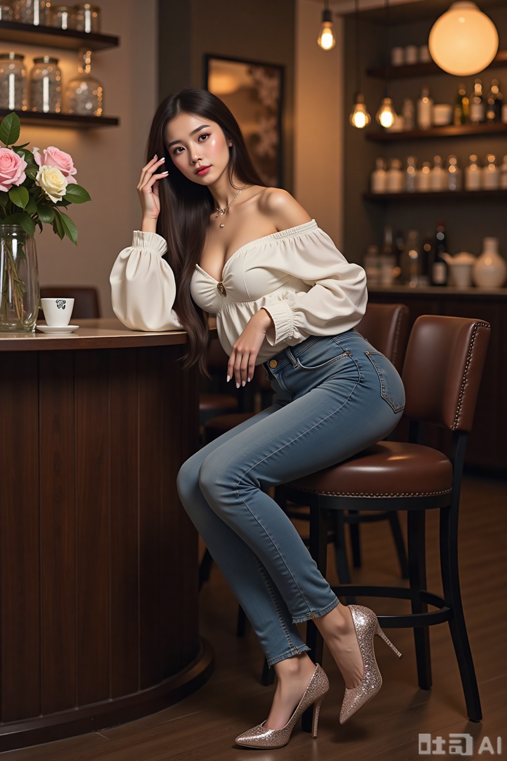 Realistic photo of a young woman with long hair, fair skin, big breasts, off-shoulder fashion shirt, tight jeans, bent over, long legs, sequin high heels, full body, sitting, tea room, bar, flowers,
