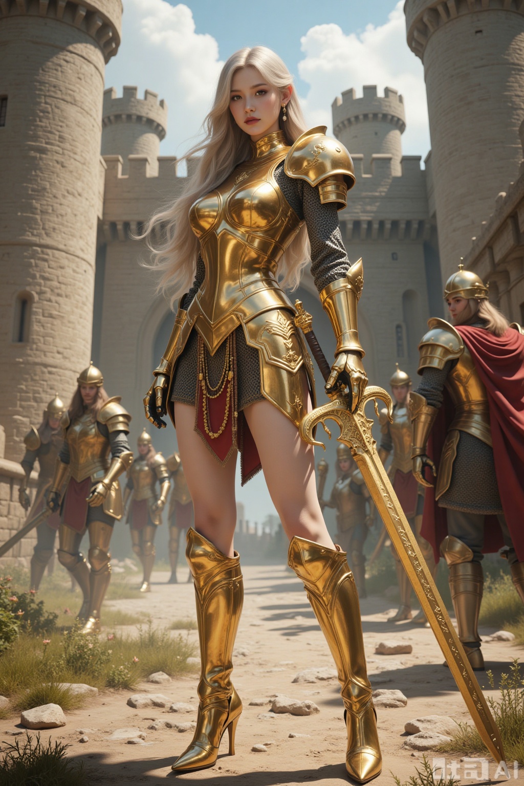 Realistic photo of a young woman with long hair, fair skin, big breasts, golden metal armor, golden metal short skirt, golden metal high heels, full body, holding a golden square sword, ancient battlefield, shabby castle,