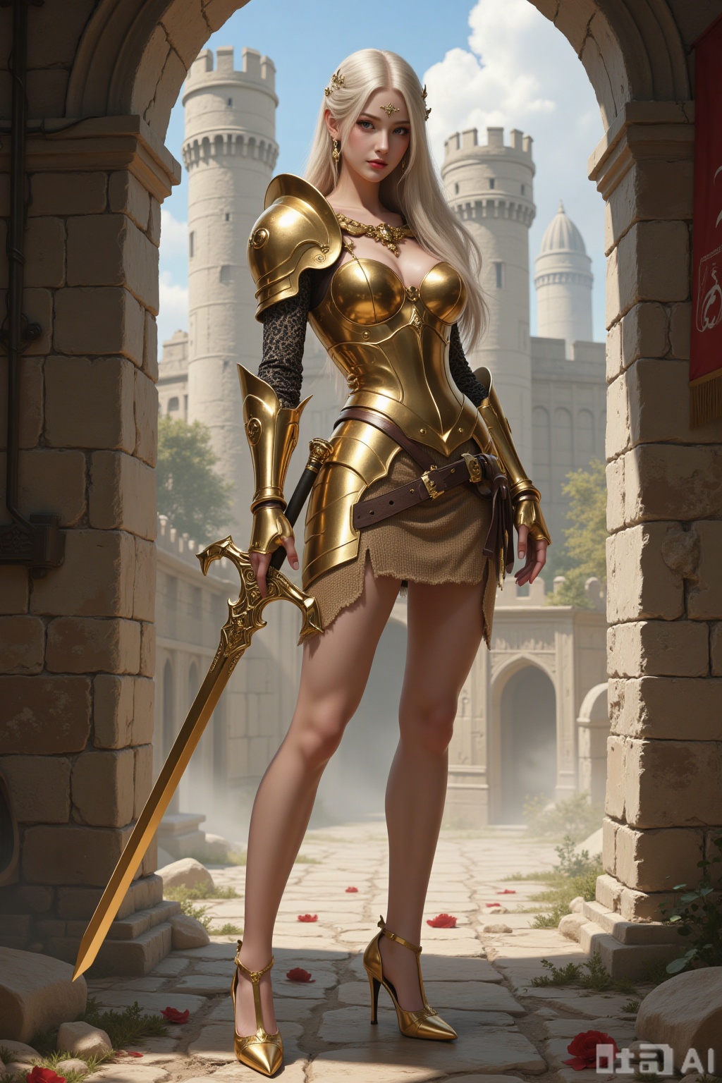 Realistic photo of a young woman with long hair, fair skin, big breasts, golden metal armor, golden metal short skirt, golden metal high heels, full body, holding a golden square sword, ancient battlefield, shabby castle,