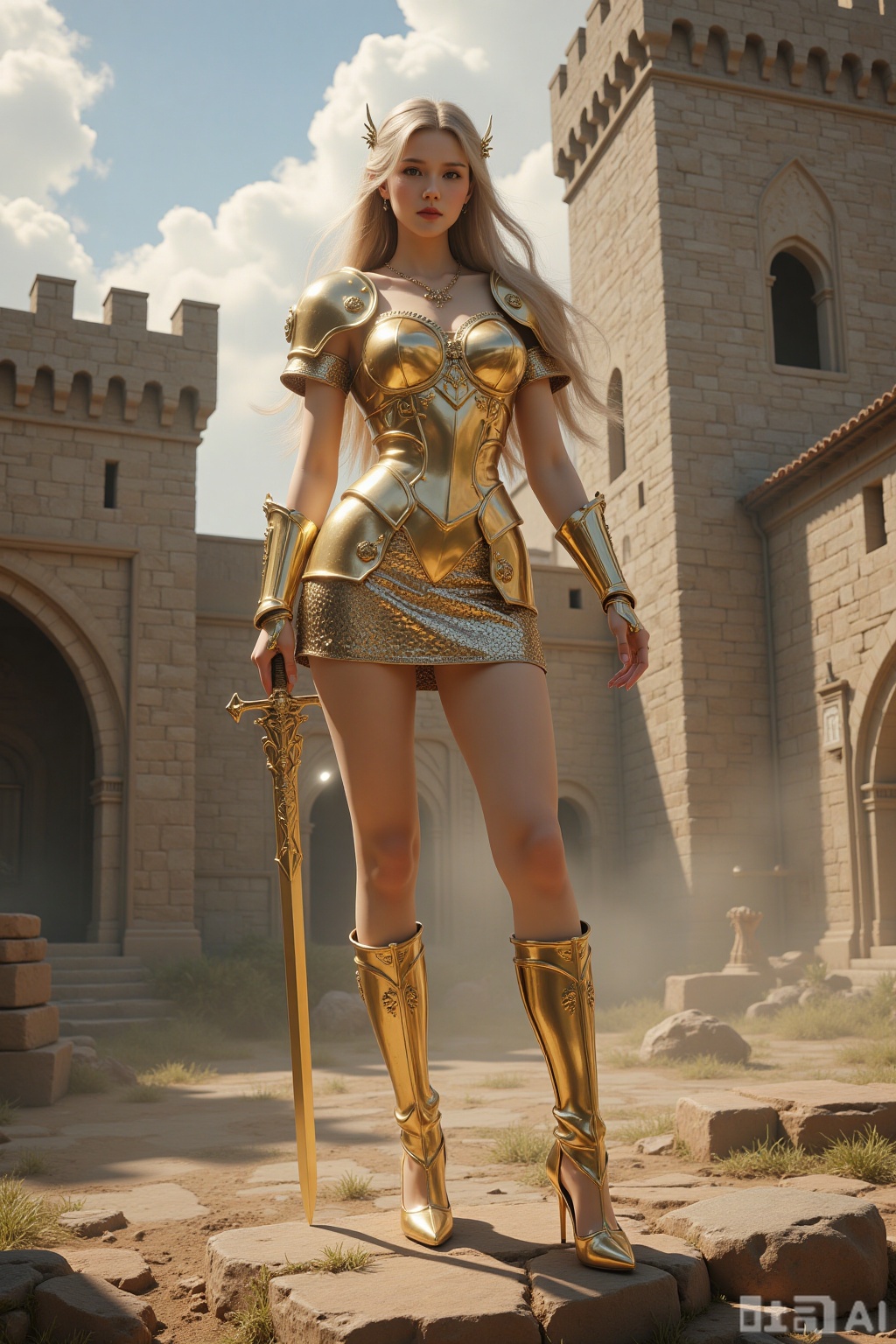 Realistic photo of a young woman with long hair, fair skin, big breasts, golden metal armor, golden metal short skirt, golden metal high heels, full body, holding a golden square sword, ancient battlefield, shabby castle,