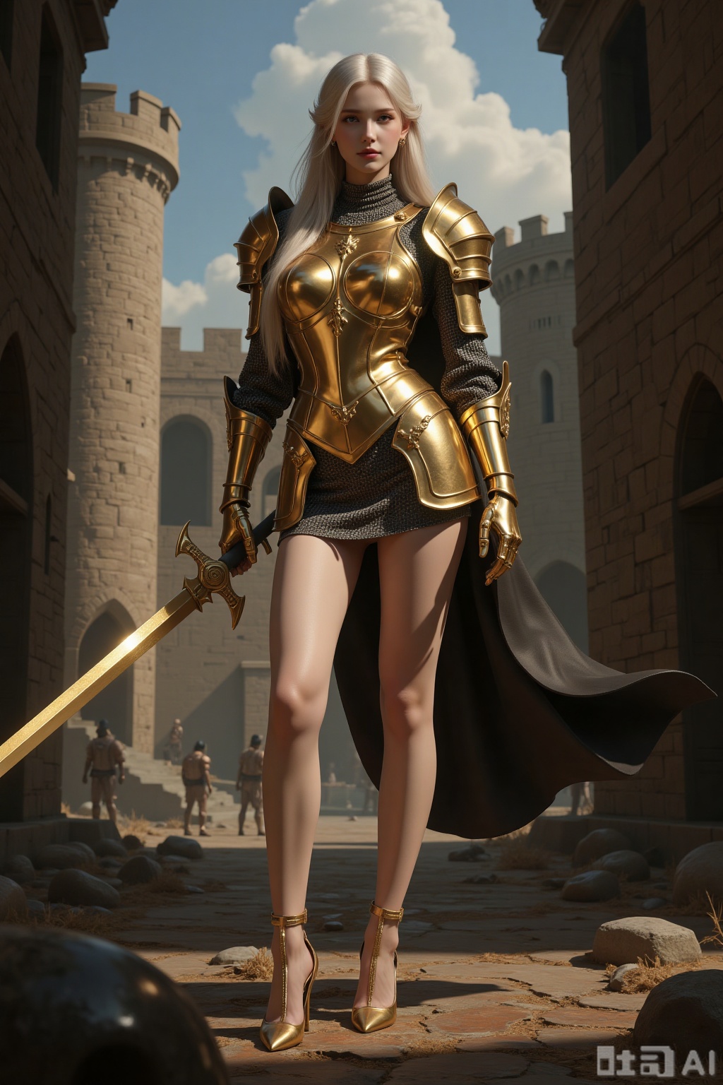 Realistic photo of a young woman with long hair, fair skin, big breasts, golden metal armor, golden metal short skirt, golden metal high heels, full body, holding a golden square sword, ancient battlefield, shabby castle,