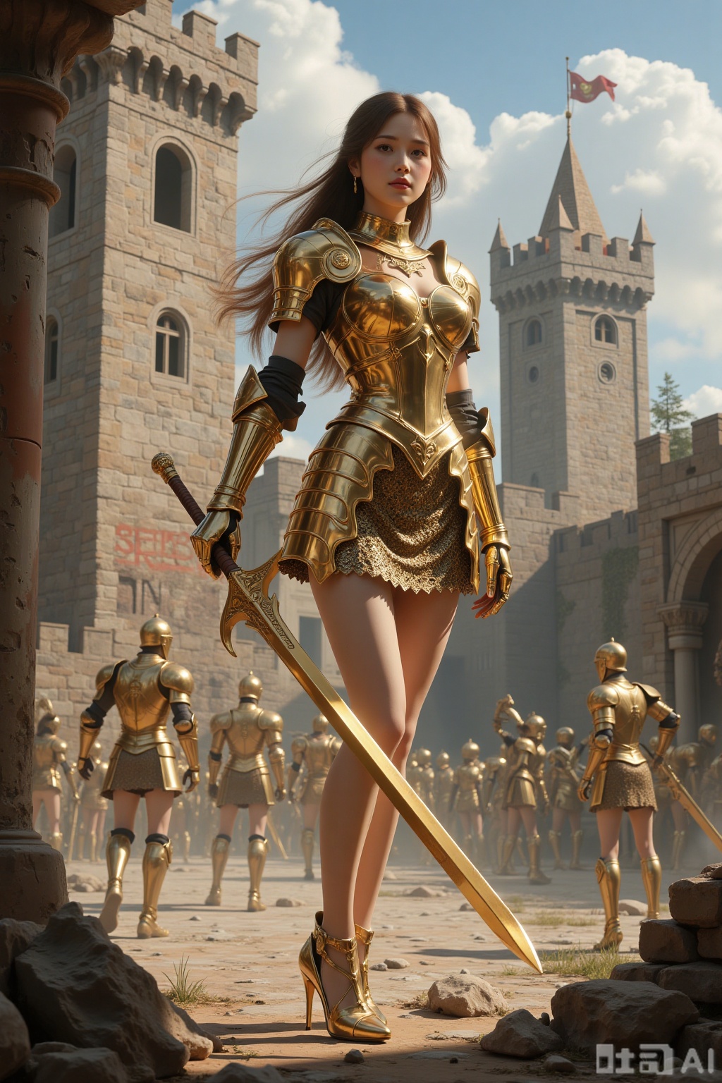 Realistic photo of a young woman with long hair, fair skin, big breasts, golden metal armor, golden metal short skirt, golden metal high heels, full body, holding a golden square sword, ancient battlefield, shabby castle,
