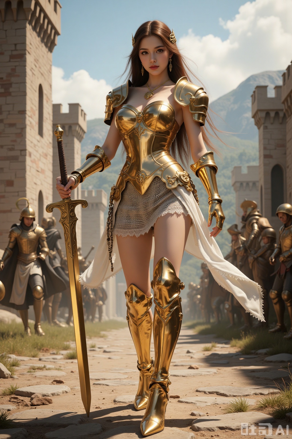 Realistic photo of a young woman with long hair, fair skin, big breasts, golden metal armor, golden metal short skirt, golden metal high heels, full body, holding a golden square sword, ancient battlefield, shabby castle,