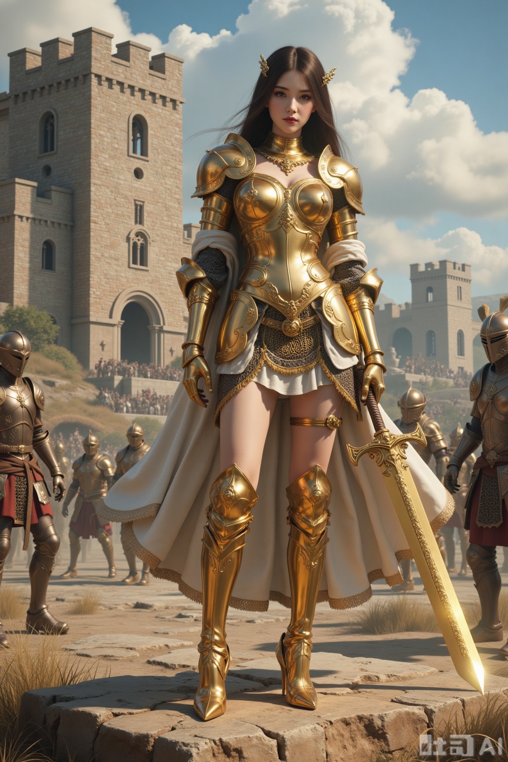 Realistic photo of a young woman with long hair, fair skin, big breasts, golden metal armor, golden metal short skirt, golden metal high heels, full body, holding a golden square sword, ancient battlefield, shabby castle,