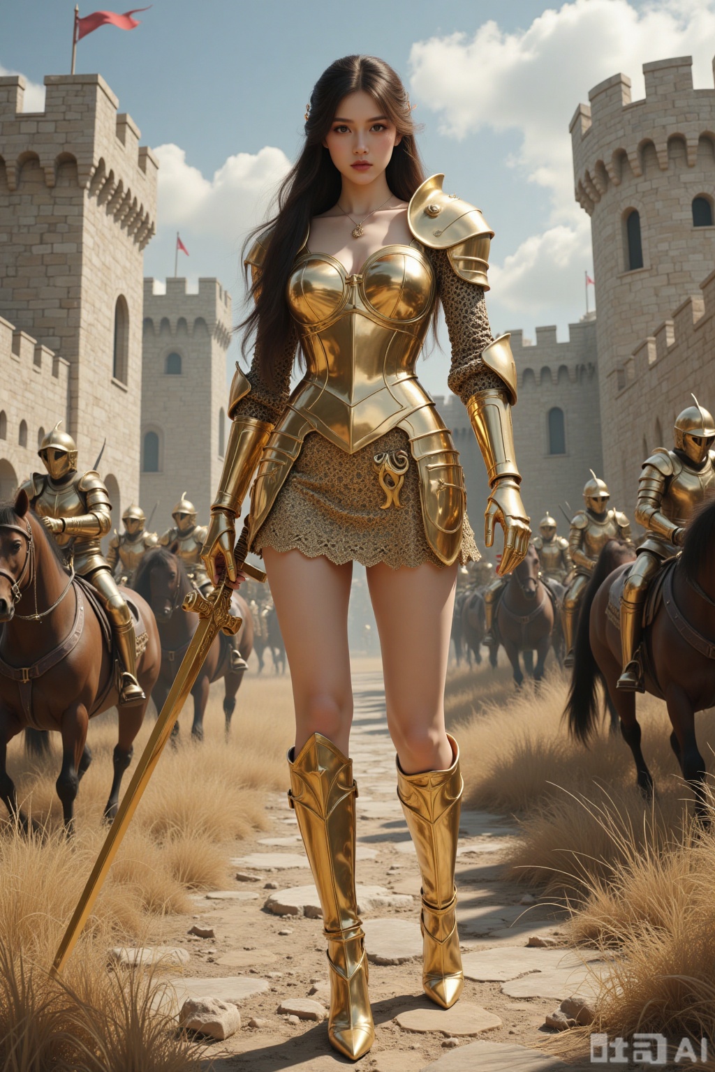 Realistic photo of a young woman with long hair, fair skin, big breasts, golden metal armor, golden metal short skirt, golden metal high heels, full body, holding a golden square sword, ancient battlefield, shabby castle,