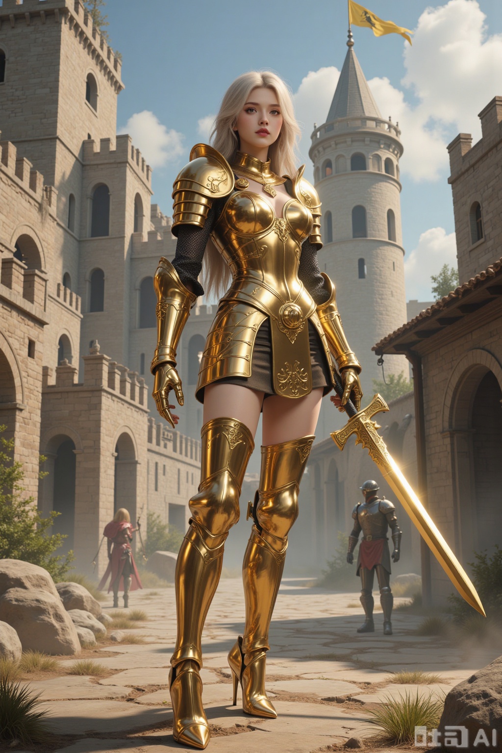 Realistic photo of a young woman with long hair, fair skin, big breasts, golden metal armor, golden metal short skirt, golden metal high heels, full body, holding a golden square sword, ancient battlefield, shabby castle,