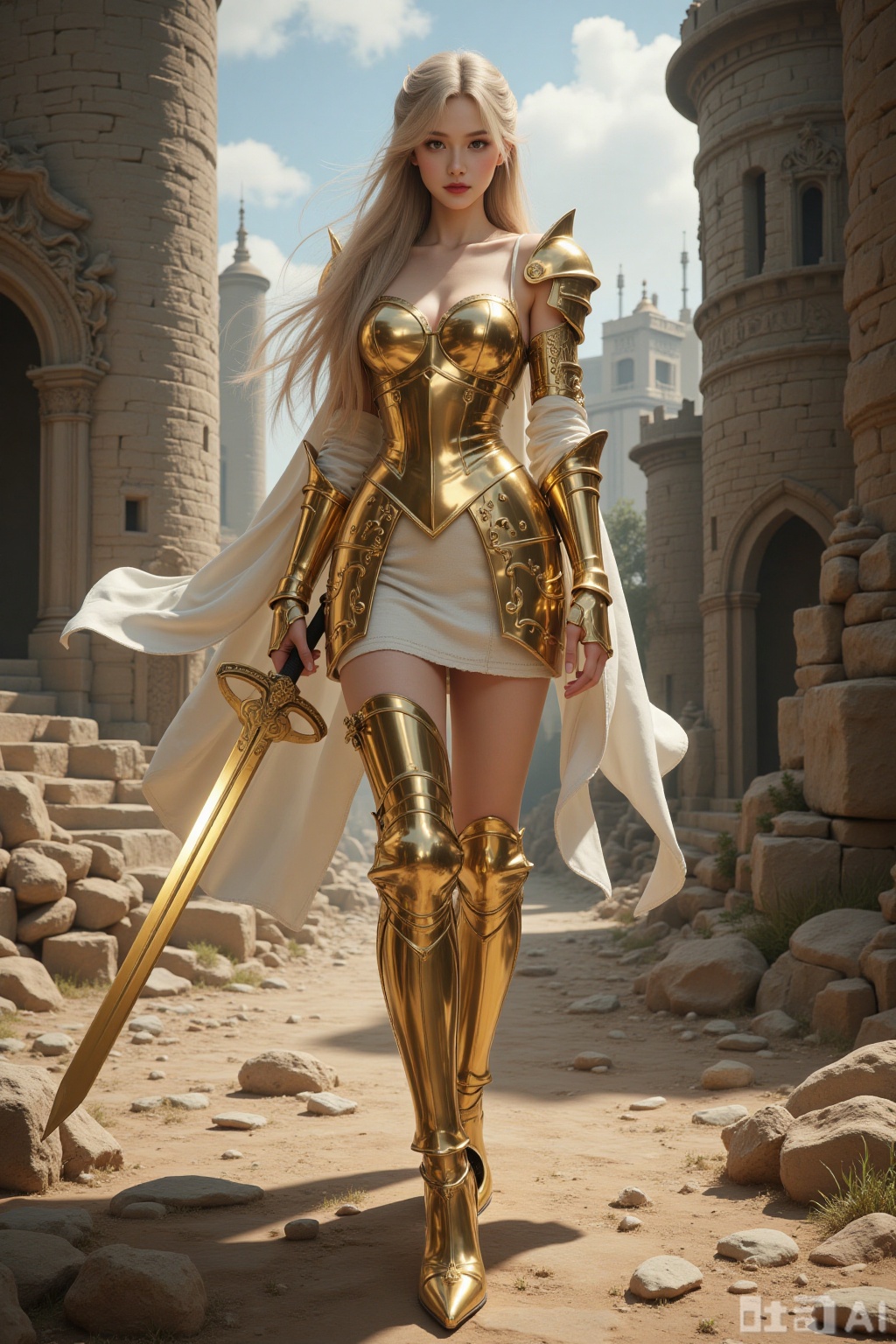 Realistic photo of a young woman with long hair, fair skin, big breasts, golden metal armor, golden metal short skirt, golden metal high heels, full body, holding a golden square sword, ancient battlefield, shabby castle,