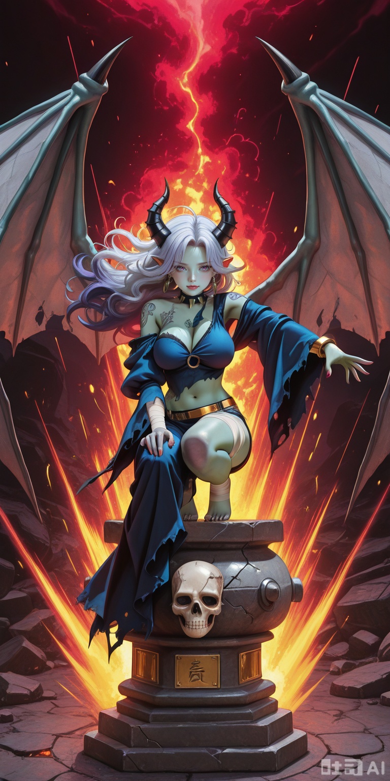 ,close-up,foot focus, 1girl,huge_breasts,looking_at_viewer,tiptoes,fighting_stance,bents knees, long hair,expressive_clothes,slutty clothes,wide_sleeves,reaching arm,barefoot, plasma splatter,Energy Blast,slashing,,masterpiece, best quality, absurdres, newest, very aesthetic, amazing quality,highres,sensitive,hyper detailed, (dynamic pose:1.4)gargoylemge,gargoylemge, gargoyle, monster girl, pointy ears, grey wings, grey tail, colored skin, grey skin, black clavs, black horns, cracked skin,dark grey hair, purple eyes, large breasts,gold chain, gold chains, gold cuffs, gold shackles, gold earrings, chest jevel, spiked collar, purple tattoo, facial tattoo, arm tattoo, thigh tattoo,navel,sitting on pedestal, stone pedestal, squatting,zombiemge.zombie,multicolored skin, green skin,patchwork skin, Zombie pose, stitches.,zombiemge, messy hair,white hair, ahoge, red eyes,bags under eyes, bare shoulder,barefoot.,bandages, torn clothes, layered clothes,asymmetrical clothes, blue clothes.,amputee, exposed bone, exposed spine,exposed ribcage, severed limb,severed torso, no torso, severed head,red paint, paint stains.,headless,knife through head, object through head