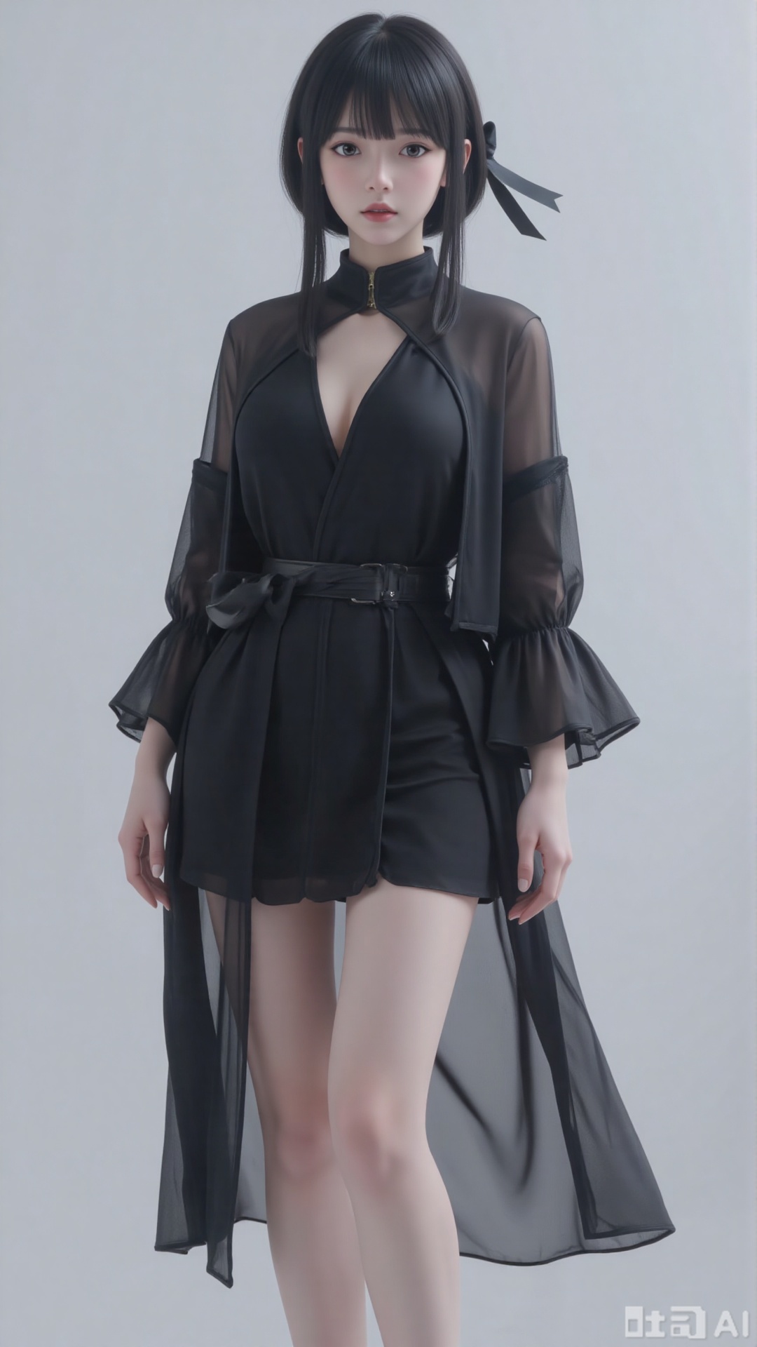 A tall woman in a full-body portrait. She has slender and straight legs, which are clean. Her hair is black. She is wearing an idol-style gauze dress, specifically a black gradient gauze dress with a sense of layering. She is standing, wearing high-heeled shoes. Her eyes are black. There is a black ribbon in her hair, which hangs down. Her hairstyle is cut in layers. The inner layer is straight hair that reaches past the shoulders and hangs down smoothly, while the outer layer is short hair reaching the ears, forming a fluffy arc that wraps around the inner layer. The ends of the hair retain the overall sense of hanging down of long hair. The inner and outer layers form a three-dimensional contour through the height difference of the layers. Against a solid-color background, she has beautiful tear troughs, colored contact lenses, and her fingers are delicate. There is soft lighting, and the picture has a slight shimmer. It conveys a certain consciousness, and the picture seems to be glowing. It is a CG illustration, exuding a sense of mystery and coldness. It is of high quality, with high definition and a clear picture. She has heterochromatic pupils.