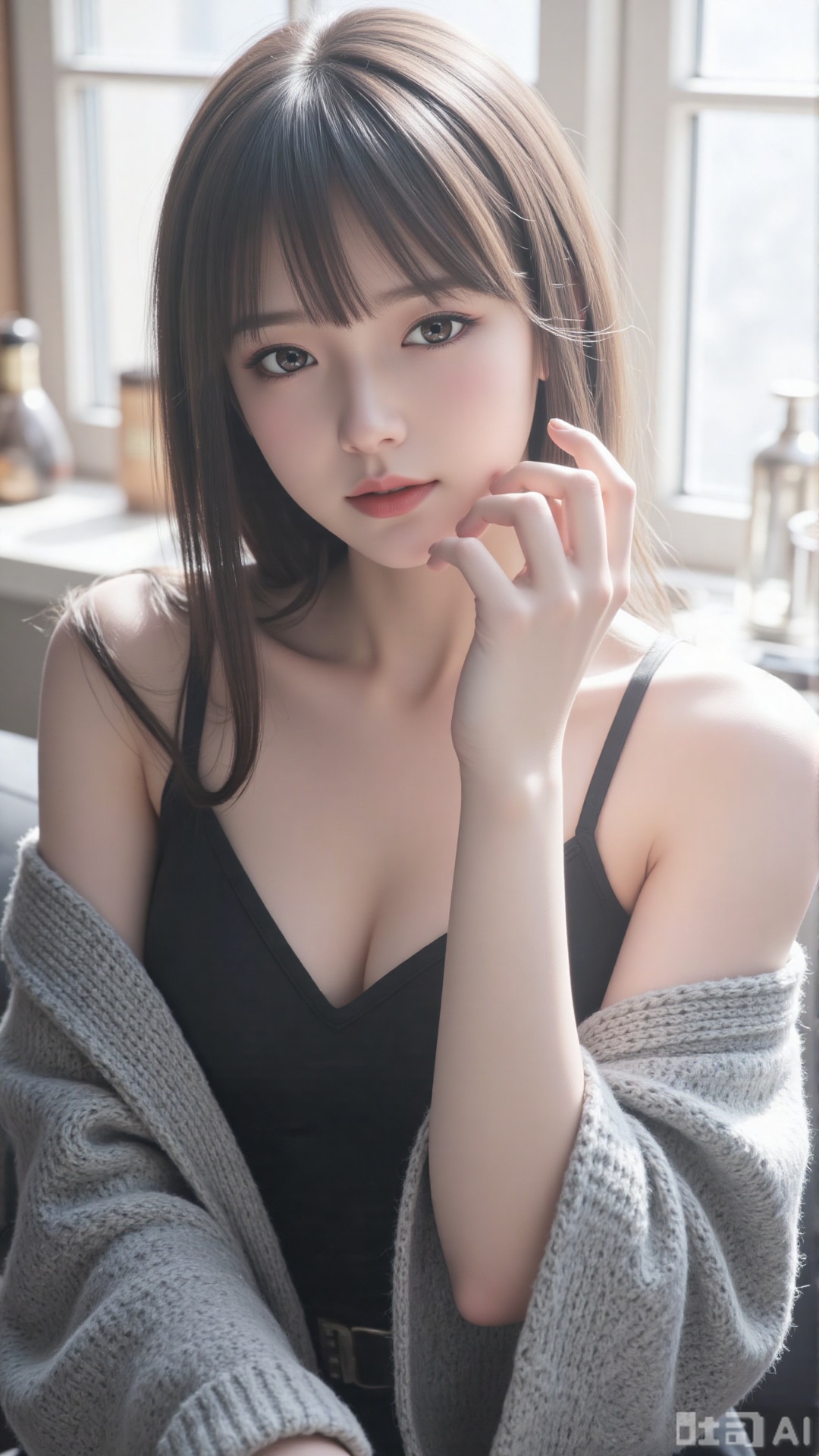 1girl, solo, long hair, looking at viewer, smile, sitting, collarbone, off shoulder, sweater, messy hair, realistic