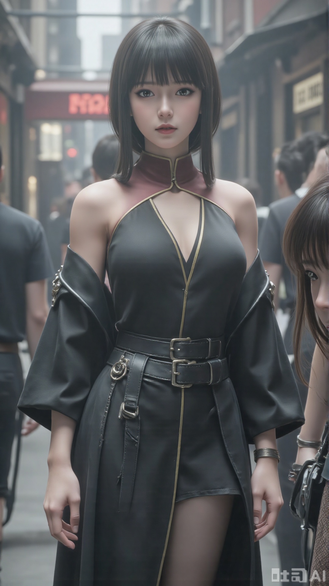 1girl, long hair, solo, dress, black hair, mischevious smile, perfect body, scenery, sharp focus, best quality, masterpiece, detailed outfit, illustration, perfect eyes, finely detailed beautiful anime eyes, realistic skin, intricate details, best lighting, depth of field, ultra high resolution, cowboy_shot