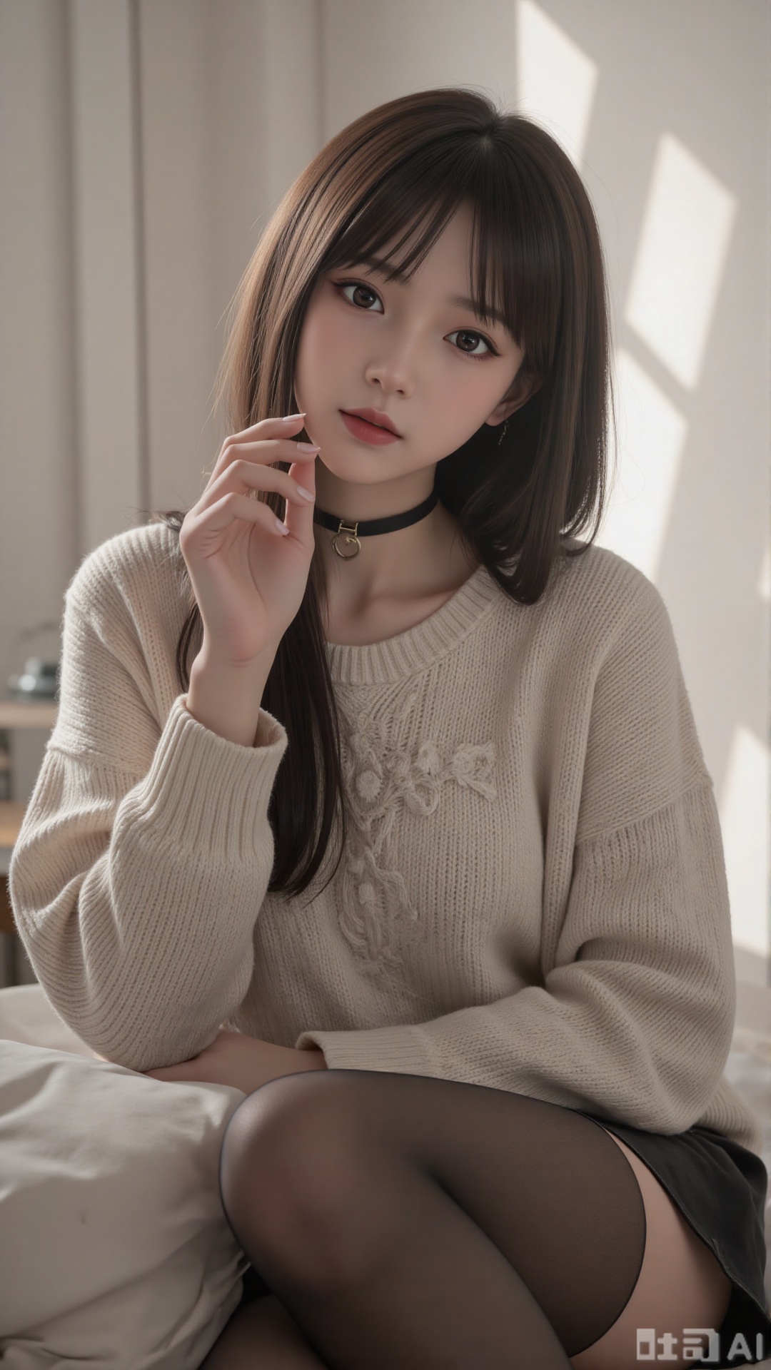 masterpiece,very aware,highres,absurdres,newest,best quality,high quality,chromatic_aberration,cinematic_angle,dutch angle, 1girl, solo, v, long hair, looking at viewer, sweater, black hair, sitting, on bed, smile, sleeves past wrists, long sleeves, grey eyes, bed, head tilt, indoors, pillow, :p, cable knit, hand up, blush, choker, brown hair, thighhighs, breasts, hair between eyes, official art,depth of field,detailed light,blurry background,best shadow,shiny skin,cinematic lighting,ray tracing, amazing quality,very aesthetic,absurdres,beast quality,ultra detailed,newest,8K,HDR,