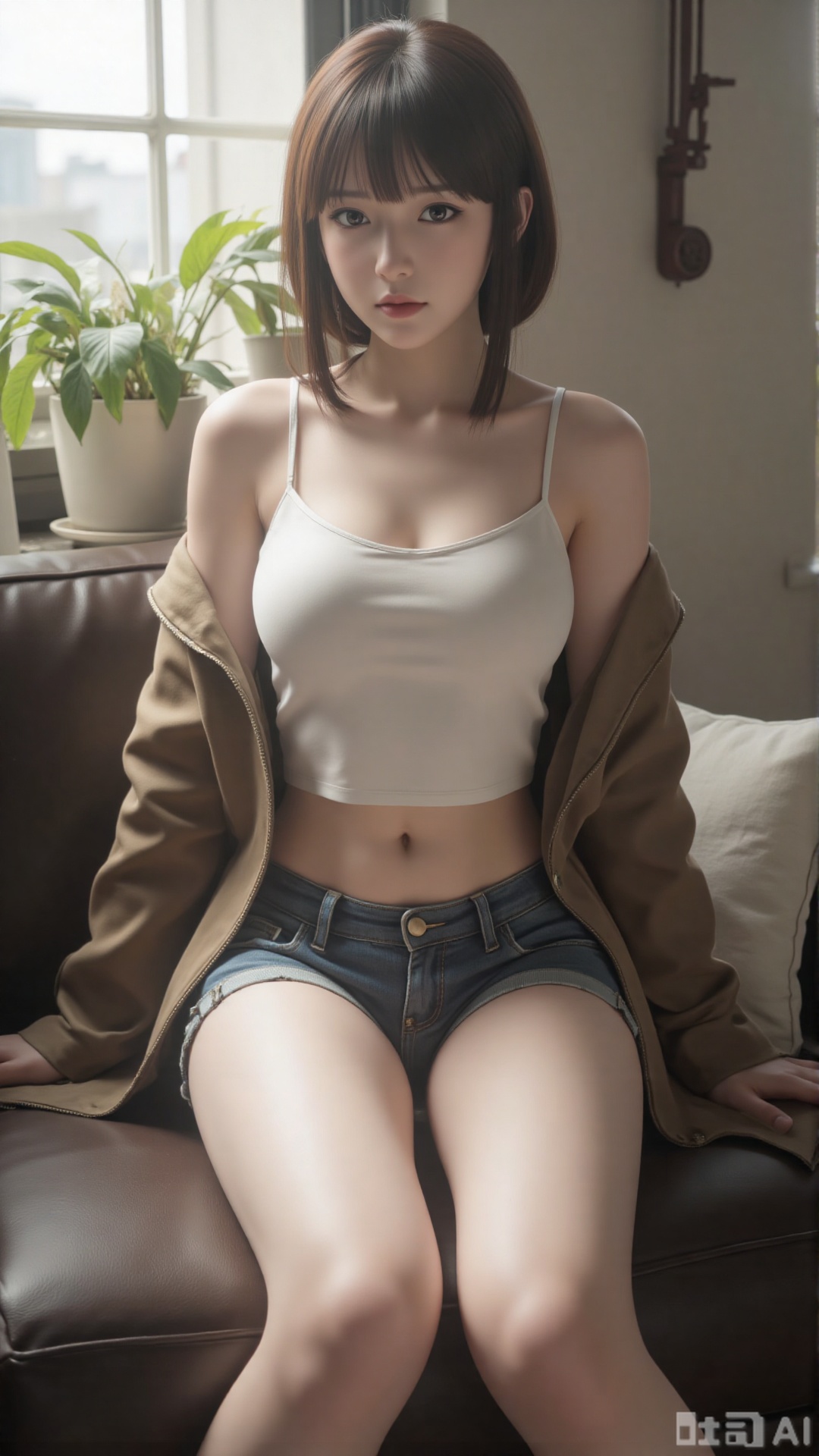 masterpiece,very aware,highres,absurdres,newest,best quality,high quality,chromatic_aberration,cinematic_angle,dutch angle, 1girl, solo, shorts, off shoulder, navel, looking at viewer, strap slip, camisole, sitting, long hair, jacket, short shorts, breasts, dolphin shorts, plant, grey shorts, midriff, brown jacket, bare shoulders, closed mouth, crop top, white camisole, open clothes, feet out of frame, open jacket, indoors, brown hair, thighs, expressionless, spaghetti strap, window, shirt, half-closed eyes, sleeveless, bare legs, potted plant, long sleeves, stomach, white shirt, blue shorts, sleeveless shirt, collarbone, very aesthetic,absurdres,newest,masterpiece,safe,amazing quality,(aestivation:1.4)