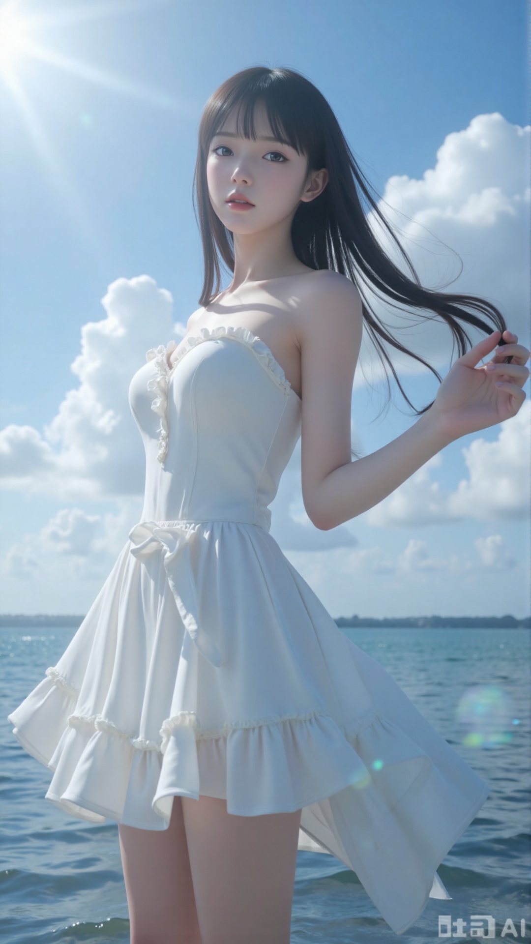 masterpiece,very aware,highres,absurdres,newest,best quality,high quality,chromatic_aberration,cinematic_angle,dutch angle, 1girl, dress, solo, long hair, cloud, sky, white dress, looking at viewer, breasts, outdoors, bare shoulders, water, partially underwater shot, strapless, wading, blue sky, day, strapless dress, medium breasts, closed mouth, smile, frilled dress, standing, wind lift, blush, floating hair, collarbone, feet out of frame, groin, sundress, frills, wind, floating clothes, cloudy sky, ocean, thighs, partially submerged, panty peek, bare arms, underwear, wet, sunlight, swept bangs, water drop, very long hair, clothes lift, sidelocks, dutch angle, from below, bubble, dress lift, caustics, upskirt, short dress, wet clothes, sleeveless dress, summer, sleeveless, light rays, refraction, bare legs, crystal,  glint, light smile, sparkle, armpit crease