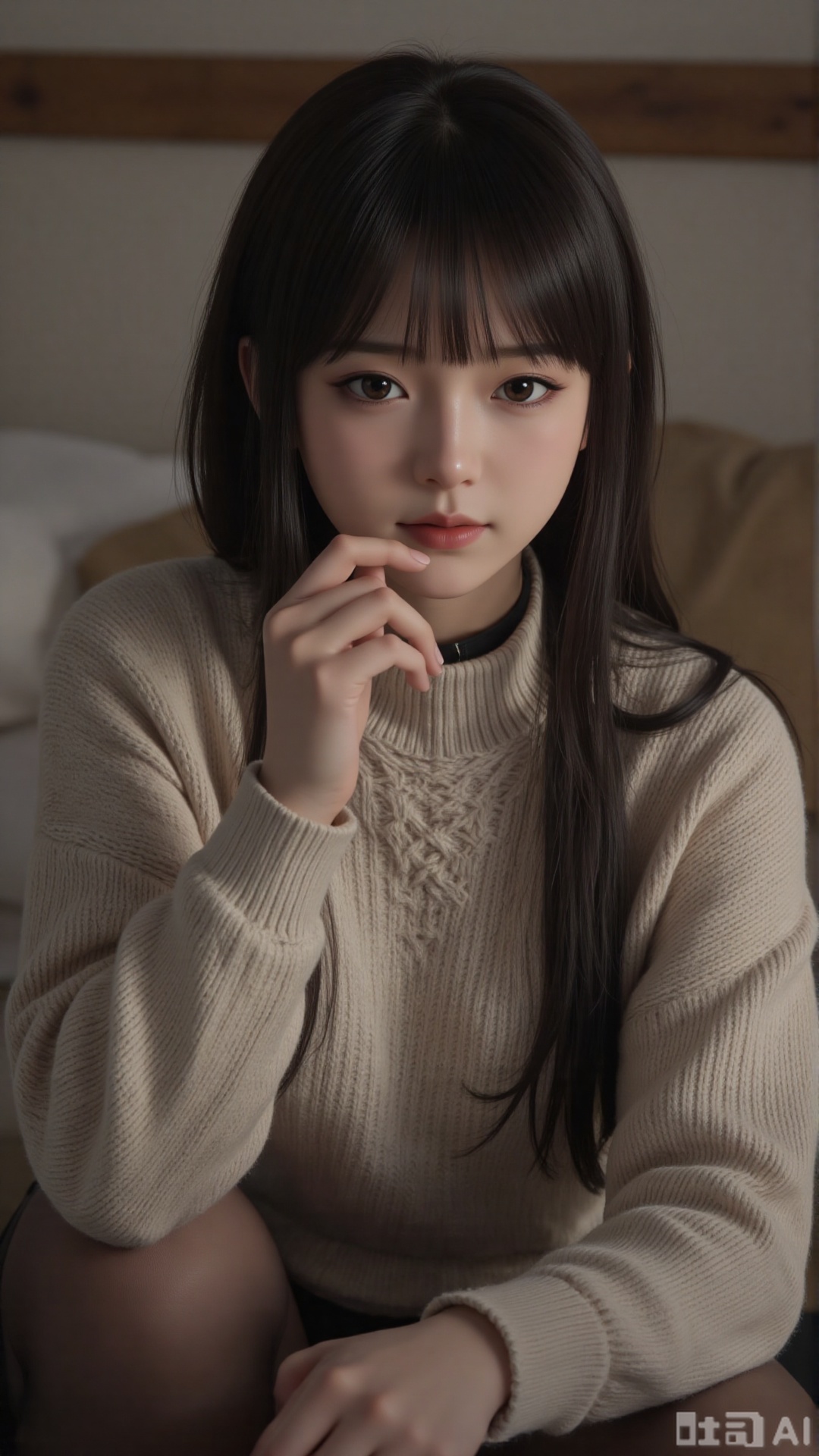 masterpiece,very aware,highres,absurdres,newest,best quality,high quality,chromatic_aberration,cinematic_angle,dutch angle, 1girl, solo, v, long hair, looking at viewer, sweater, black hair, sitting, on bed, smile, sleeves past wrists, long sleeves, grey eyes, bed, head tilt, indoors, pillow, :p, cable knit, hand up, blush, choker, brown hair, thighhighs, breasts, hair between eyes, official art,depth of field,detailed light,blurry background,best shadow,shiny skin,cinematic lighting,ray tracing, amazing quality,very aesthetic,absurdres,beast quality,ultra detailed,newest,8K,HDR,