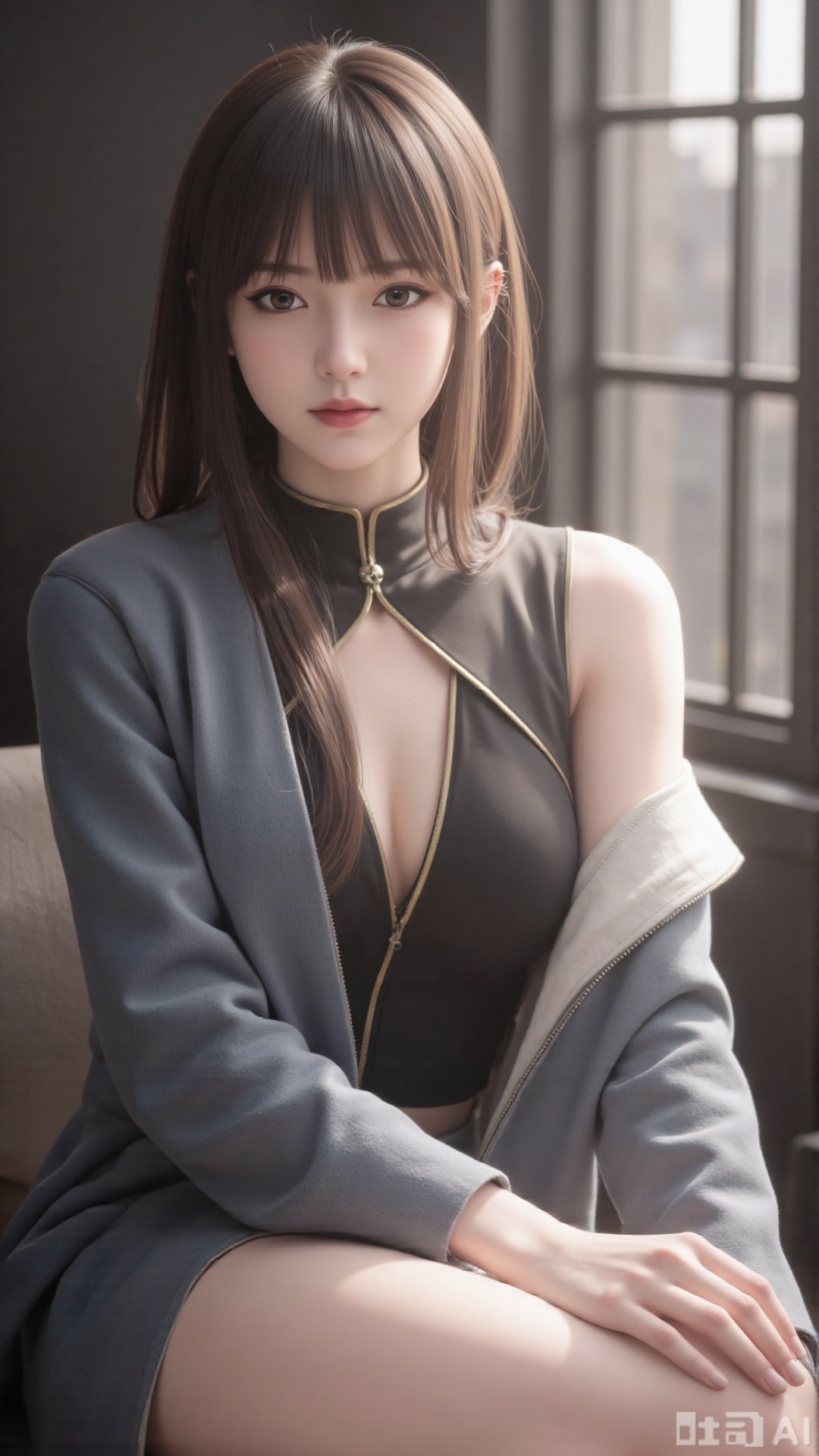 1girl, solo, long hair, looking at viewer, smile, sitting, collarbone, off shoulder, sweater, messy hair, realistic