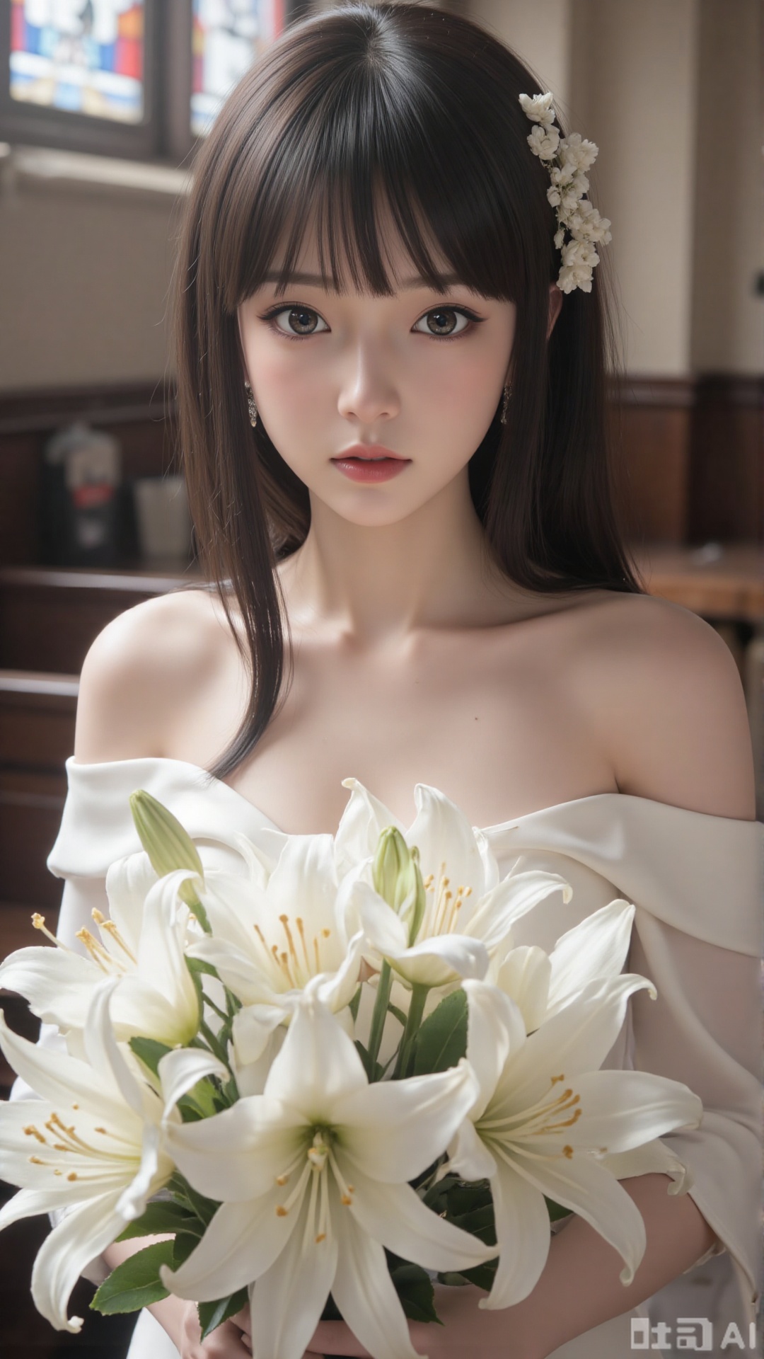 masterpiece,very aware,highres,absurdres,newest,best quality,high quality,chromatic_aberration,cinematic_angle,dutch angle,blurry_foreground,
1girl, flower, solo, hair ornament, dress, bouquet, stained glass, hair flower, holding bouquet, white dress, holding, looking at viewer, necklace, jewelry, church, white flower, virtual youtuber, lily (flower), earrings, closed mouth, bare shoulders, indoors, off-shoulder dress, aqua eyes, long hair, off shoulder, wedding dress, light smile, mole, blue eyes, upper body, collarbone, holding flower,
photorealistic
