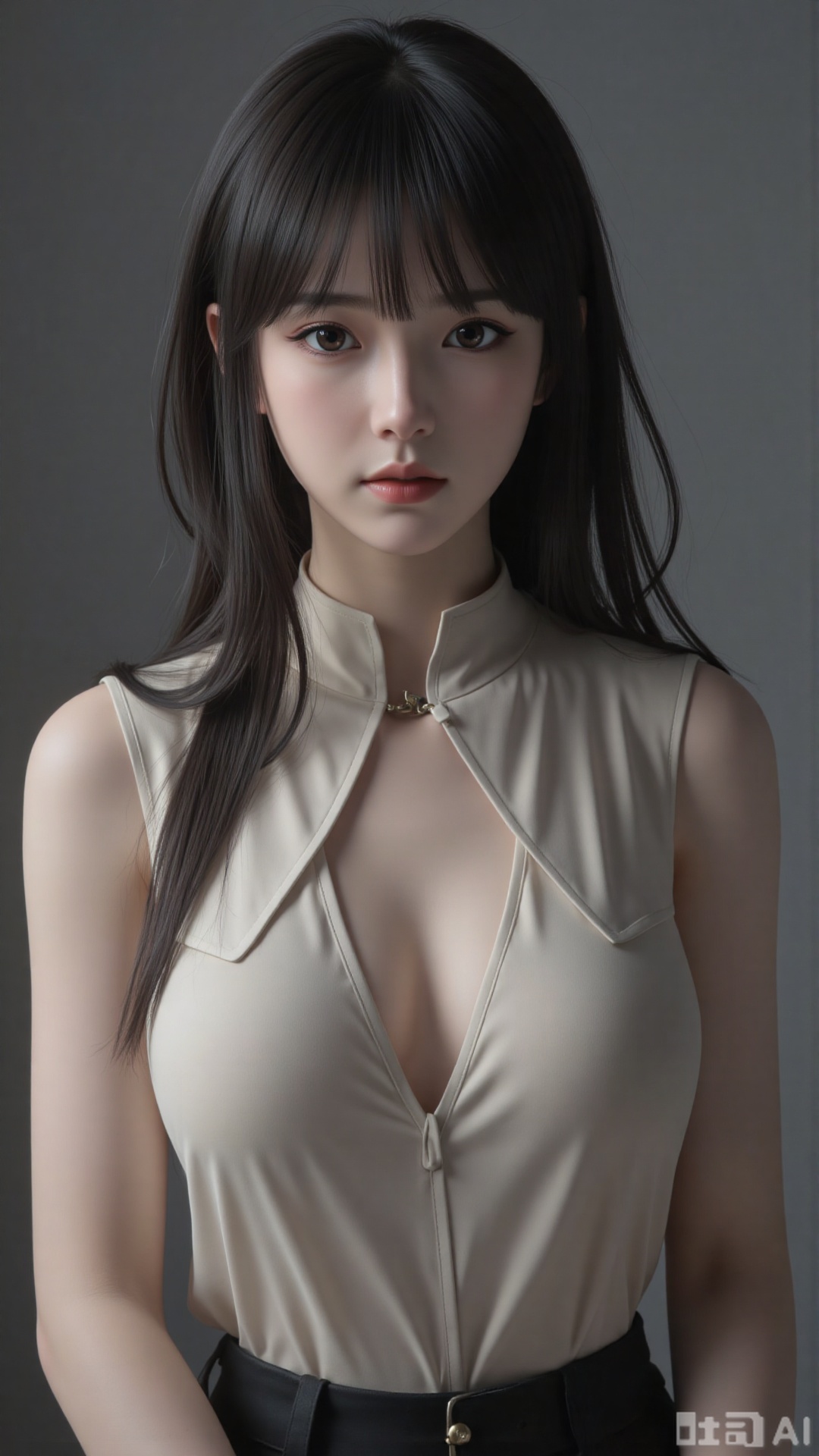  masterpiece, best quality, 1girl ,(( grey background)), long hair, floating hair,looking at viewers, happy, ((front)), (studio light),upper body,soft light,dark style, summer, FilmGirl