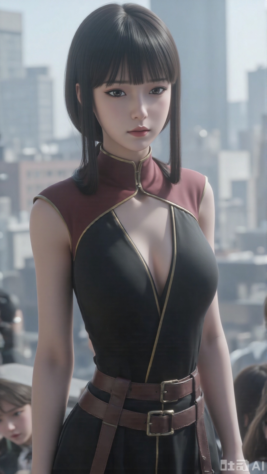 1girl, long hair, solo, dress, black hair, mischevious smile, perfect body, scenery, sharp focus, best quality, masterpiece, detailed outfit, illustration, perfect eyes, finely detailed beautiful anime eyes, realistic skin, intricate details, best lighting, depth of field, ultra high resolution, sitting