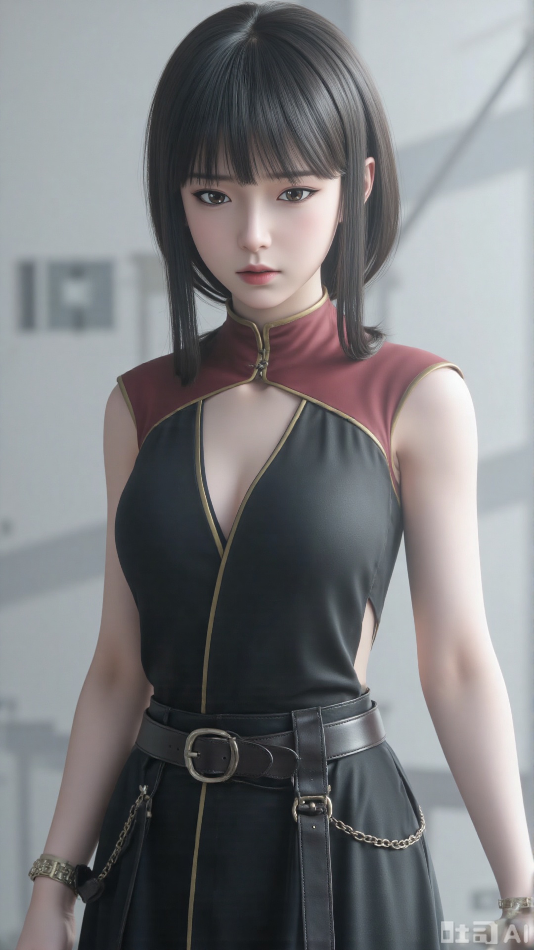 1girl, long hair, solo, dress, black hair, mischevious smile, perfect body, scenery, sharp focus, best quality, masterpiece, detailed outfit, illustration, perfect eyes, finely detailed beautiful anime eyes, realistic skin, intricate details, best lighting, depth of field, ultra high resolution, cowboy_shot