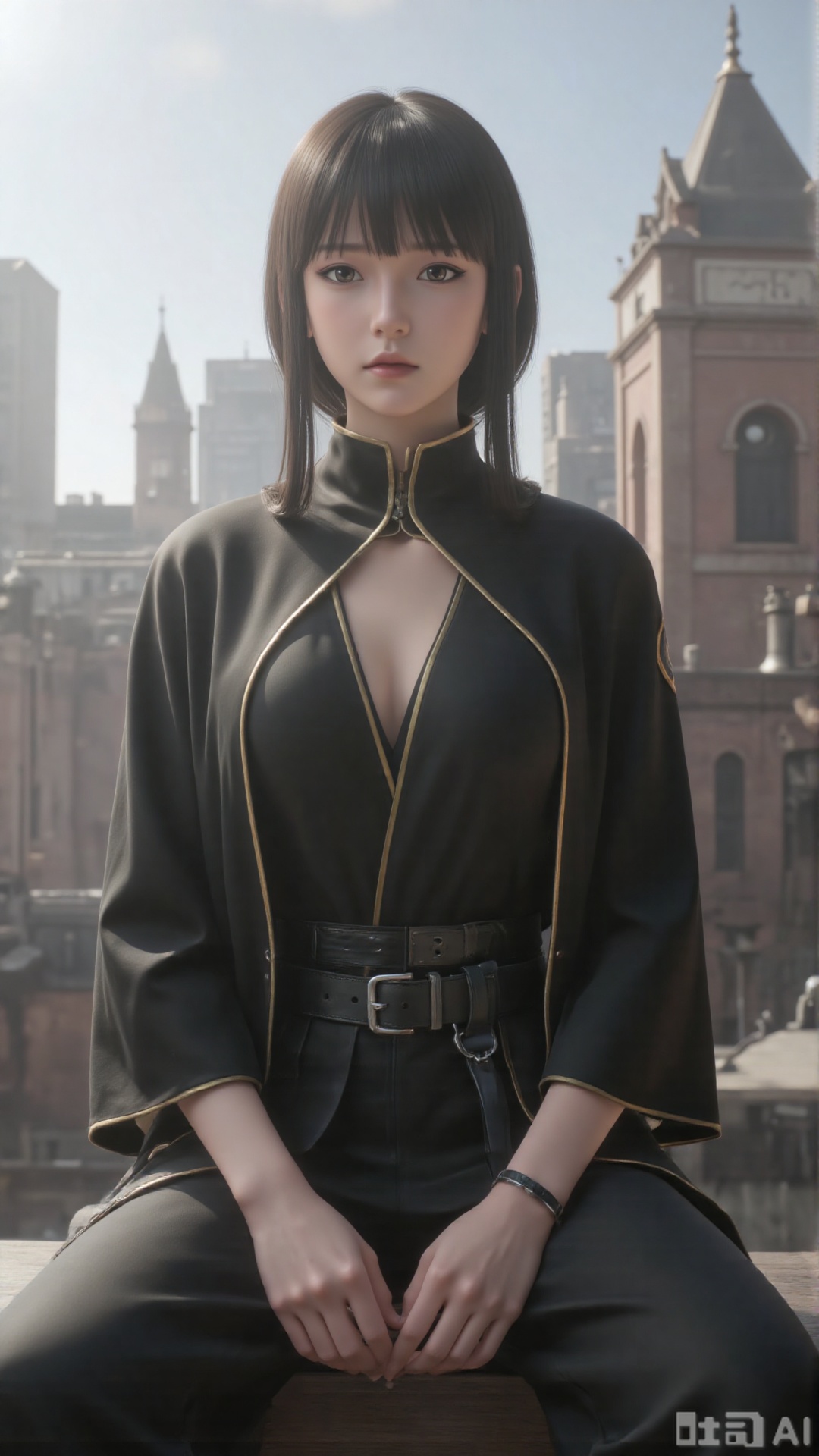 1girl, long hair, solo, dress, black hair, mischevious smile, perfect body, scenery, sharp focus, best quality, masterpiece, detailed outfit, illustration, perfect eyes, finely detailed beautiful anime eyes, realistic skin, intricate details, best lighting, depth of field, ultra high resolution, cowboy_shot