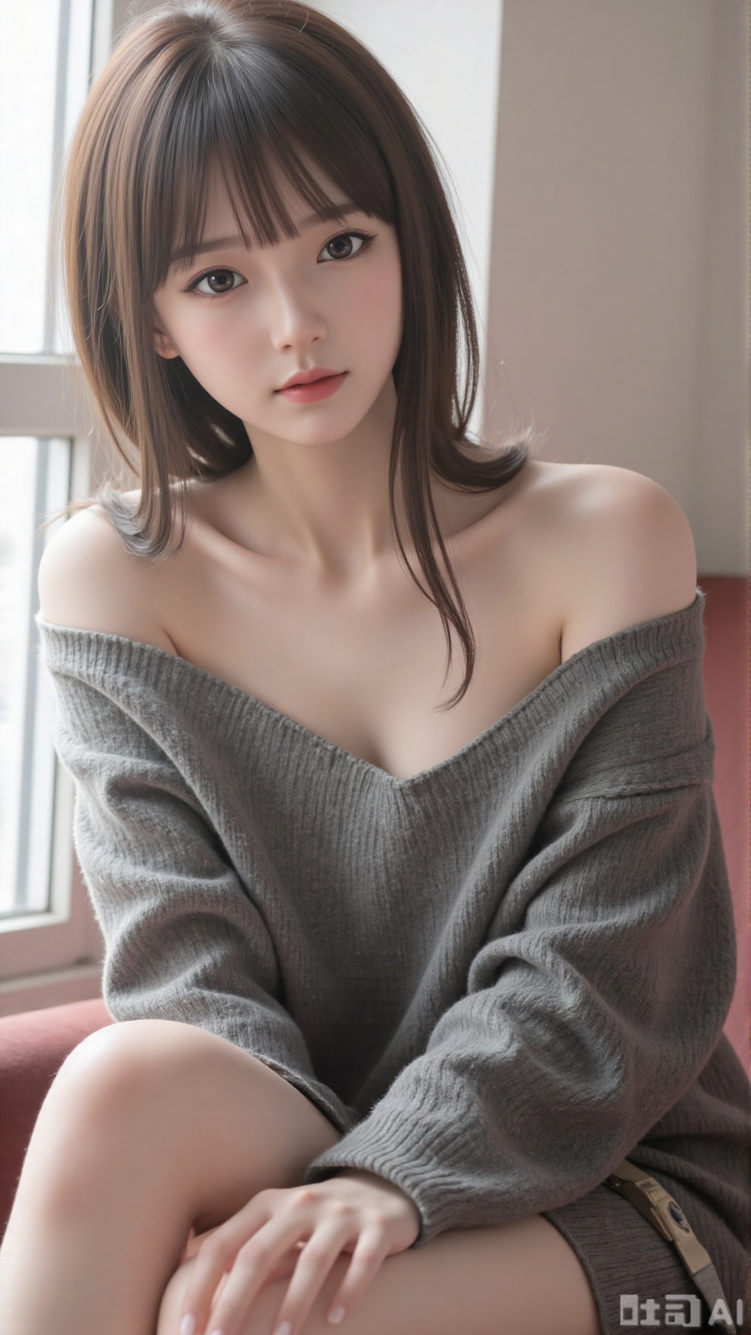 1girl, solo, long hair, looking at viewer, smile, sitting, collarbone, off shoulder, sweater, messy hair, realistic