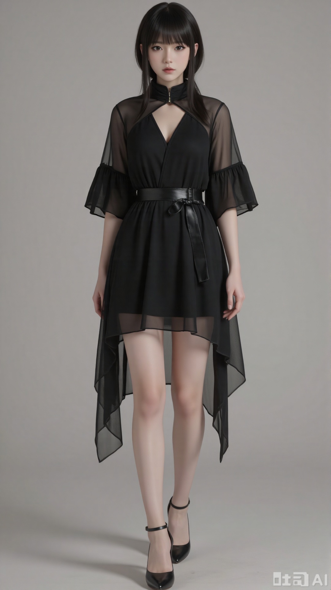 A tall woman in a full-body portrait. She has slender and straight legs, which are clean. Her hair is black. She is wearing an idol-style gauze dress, specifically a black gradient gauze dress with a sense of layering. She is standing, wearing high-heeled shoes. Her eyes are black. There is a black ribbon in her hair, which hangs down. Her hairstyle is cut in layers. The inner layer is straight hair that reaches past the shoulders and hangs down smoothly, while the outer layer is short hair reaching the ears, forming a fluffy arc that wraps around the inner layer. The ends of the hair retain the overall sense of hanging down of long hair. The inner and outer layers form a three-dimensional contour through the height difference of the layers. Against a solid-color background, she has beautiful tear troughs, colored contact lenses, and her fingers are delicate. There is soft lighting, and the picture has a slight shimmer. It conveys a certain consciousness, and the picture seems to be glowing. It is a CG illustration, exuding a sense of mystery and coldness. It is of high quality, with high definition and a clear picture. She has heterochromatic pupils.