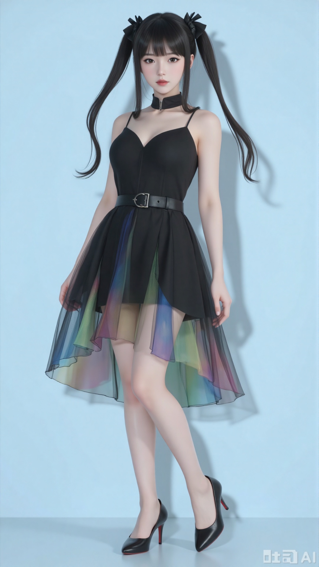 A beautiful anime - style girl with long black hair styled into two ponytails, each adorned with a black bow. She wears a black spaghetti - strap dress with a tulle skirt that fades into a colorful, iridescent effect. Completing her look are black high - heeled shoes with red soles. Against a simple light - blue background, high - detail, realistic shading, anime - realistic hybrid style, 8K resolution, photorealistic rendering.