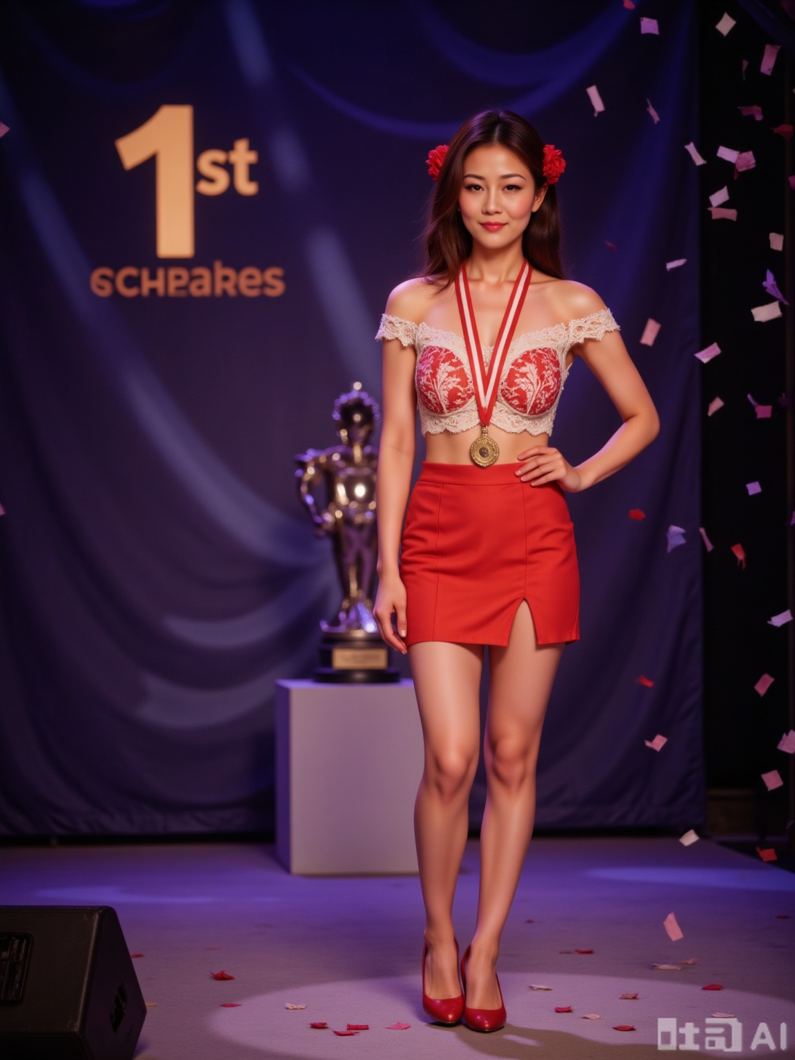 8K resolution, ultra-detailed, hyper-realistic, 25-year-old racing girl in red and white uniform at award ceremony, off-shoulder top with lace trim, high-waisted pencil skirt with slit, body from shoulders to mid-thigh, holding a trophy in one arm, the other adjusting winner's medal around neck, legs in nude pantyhose and red stilettoes, stage lights creating spotlight effect, hair in sleek low bun with red roses, proud smile, confetti falling around, podium with "1st" sign visible.