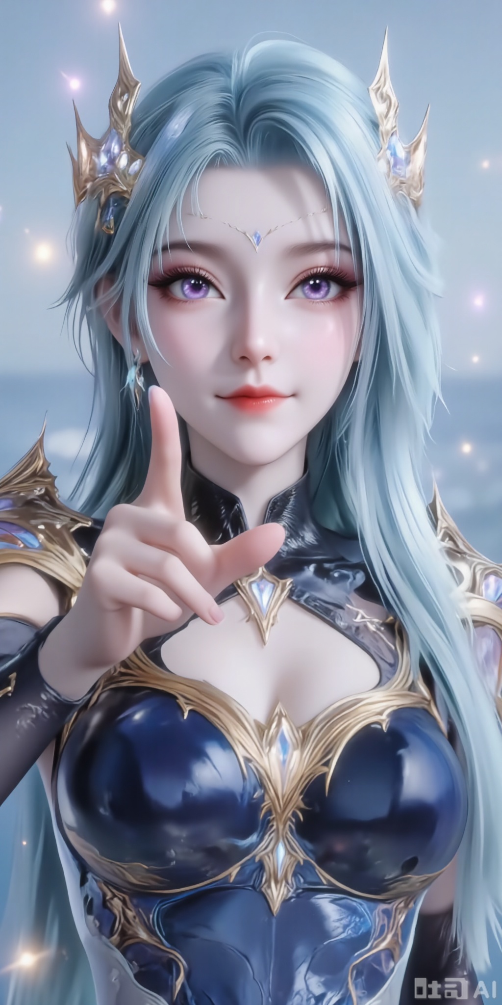 basohi. Purple eyes,
xuenv
The image depicts a fantasy-style character with long, flowing blue hair adorned with delicate, star-shaped accessories. The character is wearing an intricately designed blue and silver outfit that appears to be made of fabric and metal, with a bodice featuring leaf-like patterns. The character's expression is neutral, with a slight hint of a smile, and they are pointing directly at the viewer with their right hand. The background is a gradient of soft blues and whites, giving a dreamy, ethereal atmosphere. There are also small, glowing particles scattered throughout the scene, enhancing the magical and mystical feel.