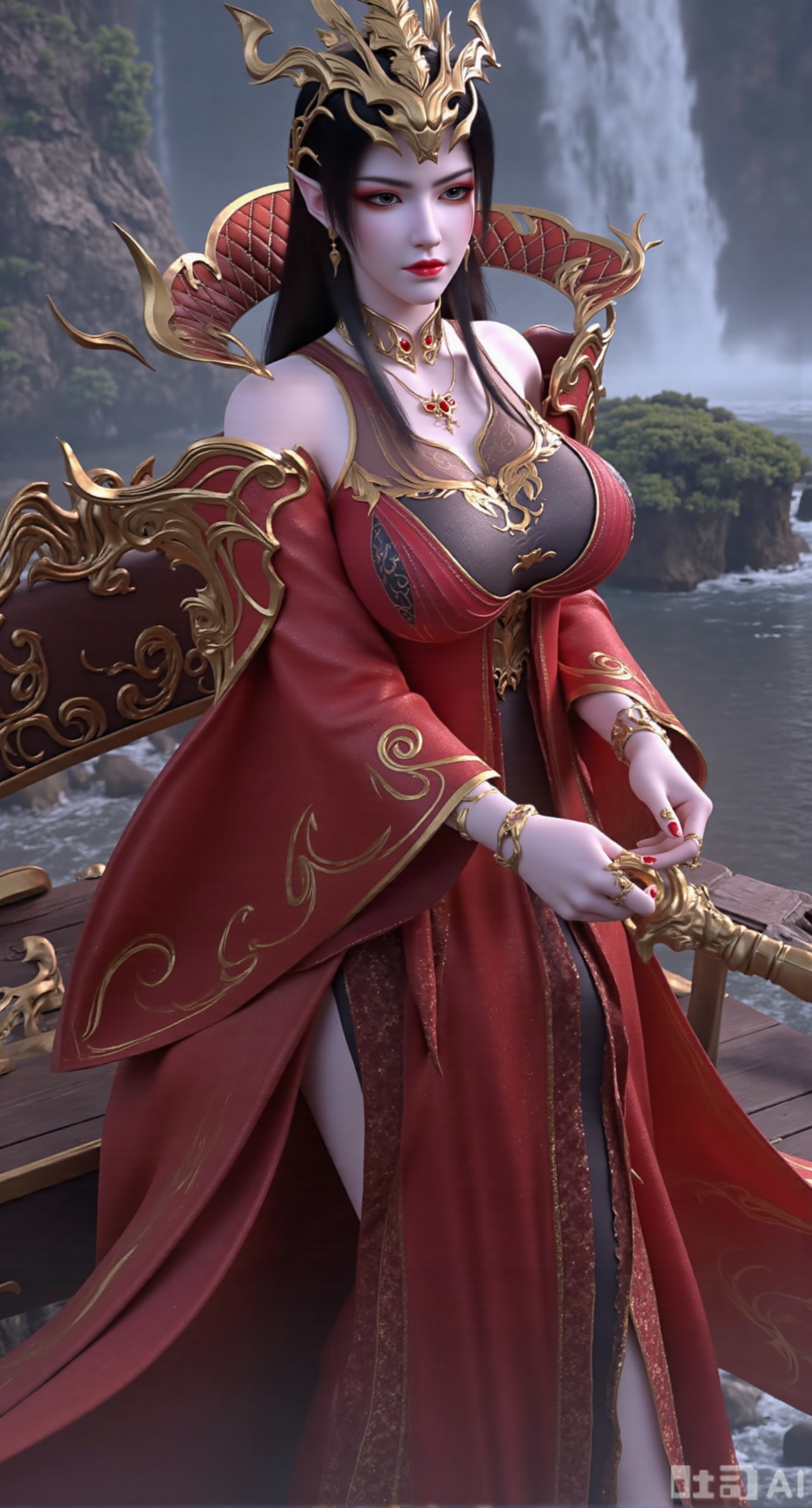 (masterpiece,best quality:1.23),Dominant sister-type girl, red|gold|black  dress, perfect body, in a valley with a rushing waterfall, holding a long sword, sharp gaze, mist pervading, magnificent aura.(huge breasts, full breasts:2.99),,Xfengmian2,Xzhenxianyingling,XhenrendadiX,Xzhenxianyingling2,XhenrennvdiX,XgangshouCOS,Xgangshou,XMedusaQueen
