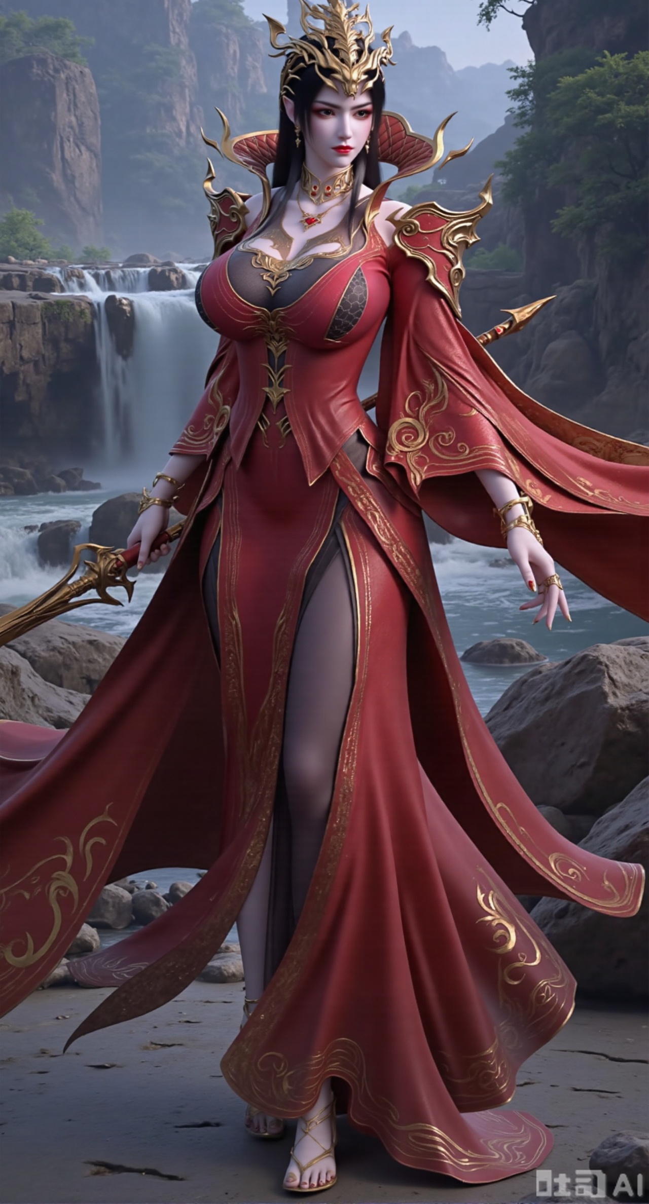 (masterpiece,best quality:1.23),Dominant sister-type girl, red|gold|black  dress, perfect body, in a valley with a rushing waterfall, holding a long sword, sharp gaze, mist pervading, magnificent aura.(huge breasts, full breasts:2.99),,Xfengmian2,Xzhenxianyingling,XhenrendadiX,Xzhenxianyingling2,XhenrennvdiX,XgangshouCOS,Xgangshou,XMedusaQueen
