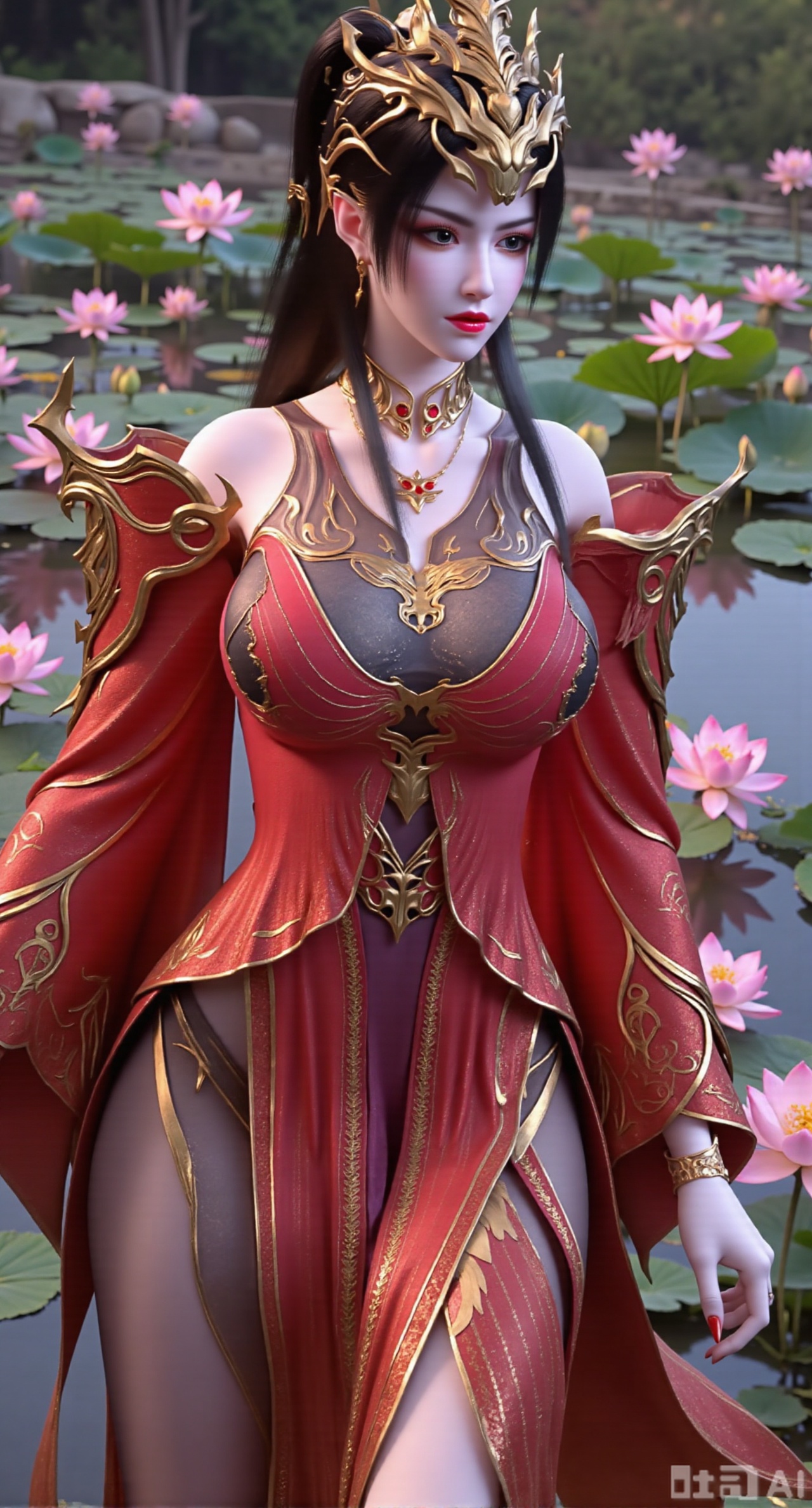(masterpiece, best quality:1.2),1girl, navel, solo, midriff, bare shoulders, hair ornament,(long hair),(High double ponytail:1.49), red lips, BREAK, (looking at viewer:1.39), chinese clothes,(Holographic red|gold|black dress:1.36), (lace,Rainbow Gradient Color:1.28), BREAK,blurry, solo focus, long hair, lips, daytime, lipstick, outdoors, standing,upper body,(huge breasts:2.89), background, solo, makeup,(Liquid glass style flowers:1.49),(huge breasts:2.99),(full breasts:2.99),,(Background with lotus pond and pink lotus flowers:1.39),,,Xfengmian2,Xzhenxianyingling,XhenrendadiX,Xzhenxianyingling2,XhenrennvdiX,XgangshouCOS,Xgangshou,XMedusaQueen