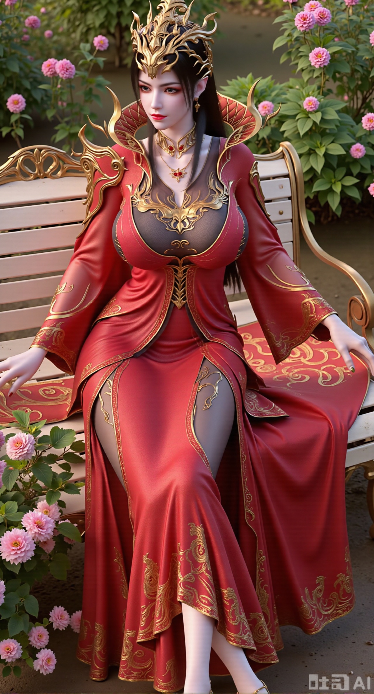 (masterpiece, best quality:1.2),A beauty ,(red|gold|black long dress). black Stockings, high heels,, paired with a sheer knitted cardigan and Mary Jane shoes. Leaning on a garden bench filled with macaron - colored flowers,.Sunlight filters through the leaves onto her face, creating a lazy and gentle atmosphere, and her skirt sways softly in the breeze. 8K resolution, detailed texture of knitted fabric, lustrous pearl texture, vivid flower colors, soft natural light, Instagram - style filter texture.,(huge breasts:2.99),(full breasts:2.99),Xfengmian2,Xzhenxianyingling,XhenrendadiX,Xzhenxianyingling2,XhenrennvdiX,XgangshouCOS,Xgangshou,XMedusaQueen