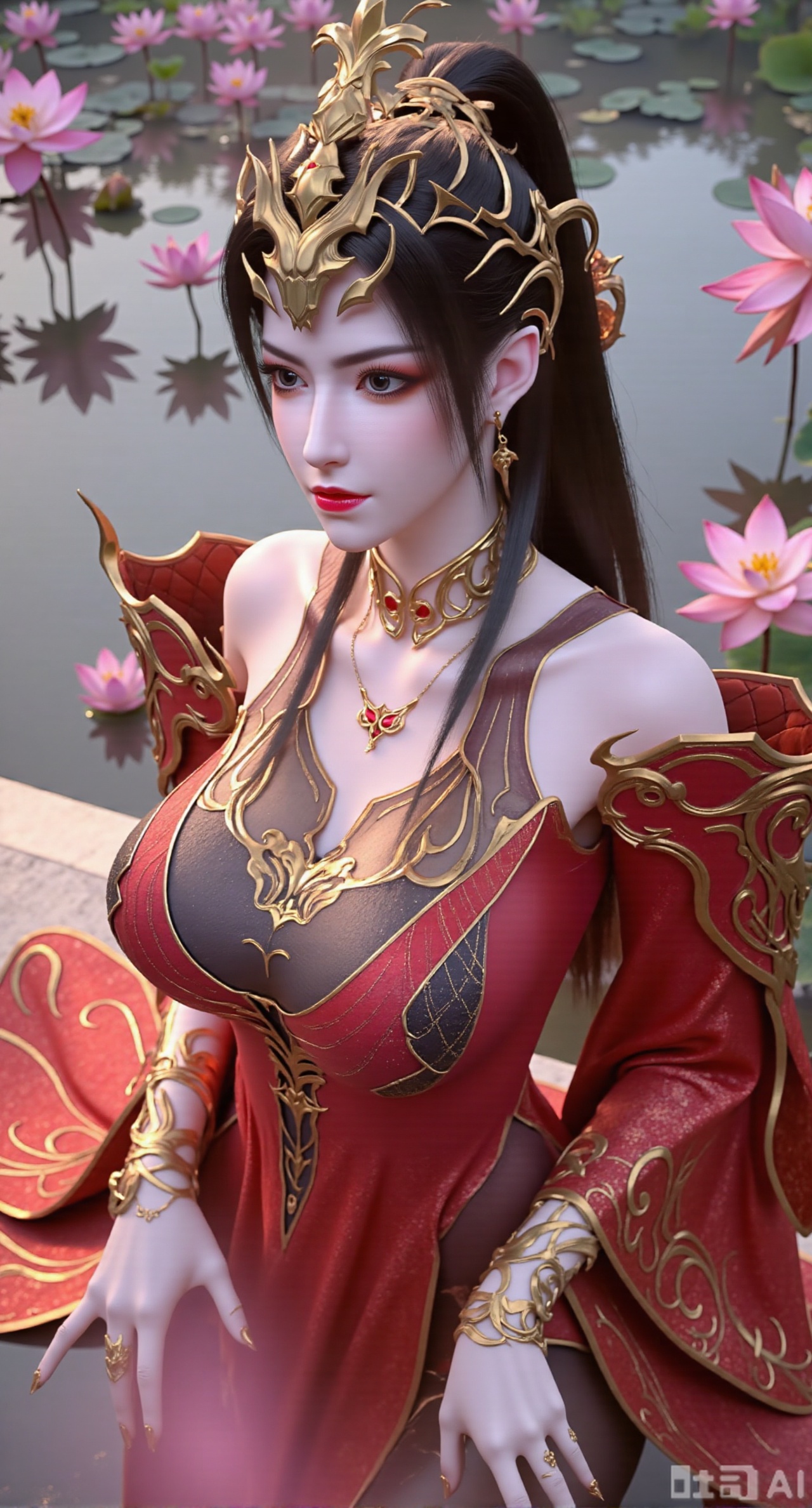 (masterpiece, best quality:1.2),1girl, navel, solo, midriff, bare shoulders, hair ornament,(long hair),(High double ponytail:1.49), red lips, BREAK, (looking at viewer:1.39), chinese clothes,(Holographic red|gold|black dress:1.36), (lace,Rainbow Gradient Color:1.28), BREAK,blurry, solo focus, long hair, lips, daytime, lipstick, outdoors, standing,upper body,(huge breasts:2.89), background, solo, makeup,(Liquid glass style flowers:1.49),(huge breasts:2.99),(full breasts:2.99),,(Background with lotus pond and pink lotus flowers:1.39),,,Xfengmian2,Xzhenxianyingling,XhenrendadiX,Xzhenxianyingling2,XhenrennvdiX,XgangshouCOS,Xgangshou,XMedusaQueen