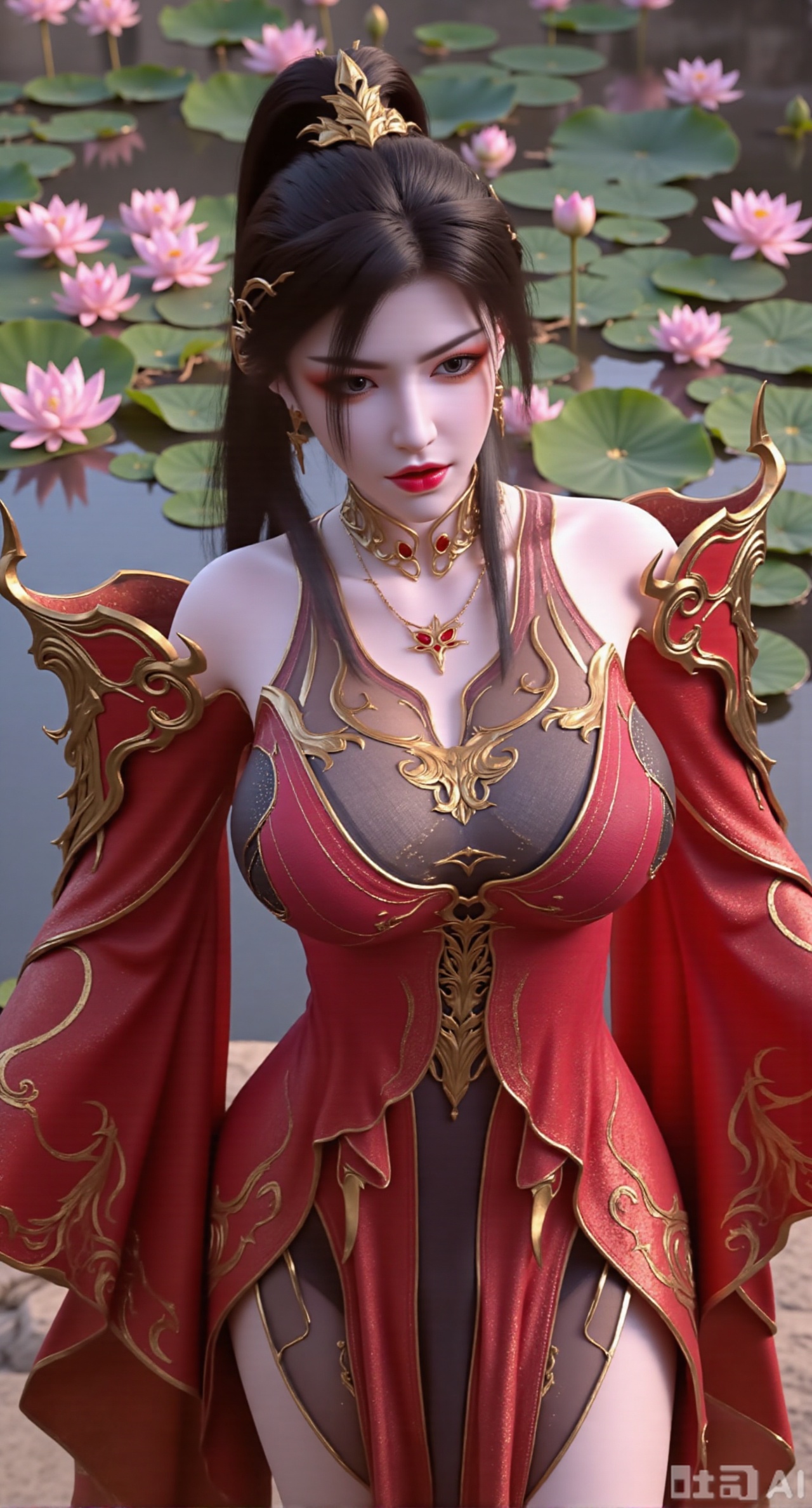(masterpiece, best quality:1.2),1girl, navel, solo, midriff, bare shoulders, hair ornament,(long hair),(High double ponytail:1.49), red lips, BREAK, (looking at viewer:1.39), chinese clothes,(Holographic red|gold|4lack42529196305050772dress:1.36), (lace,Rainbow Gradient Color:1.28), BREAK,blurry, solo focus, long hair, lips, daytime, lipstick, outdoors, standing,upper body,(huge breasts:2.89), background, solo, makeup,(Liquid glass style flowers:1.49),(huge breasts:2.99),(full breasts:2.99),,(Background with lotus pond and pink lotus flowers:1.39),,,Xfengmian2,Xzhenxianyingling,XhenrendadiX,Xzhenxianyingling2,XhenrennvdiX,XgangshouCOS,Xgangshou,XMedusaQueen