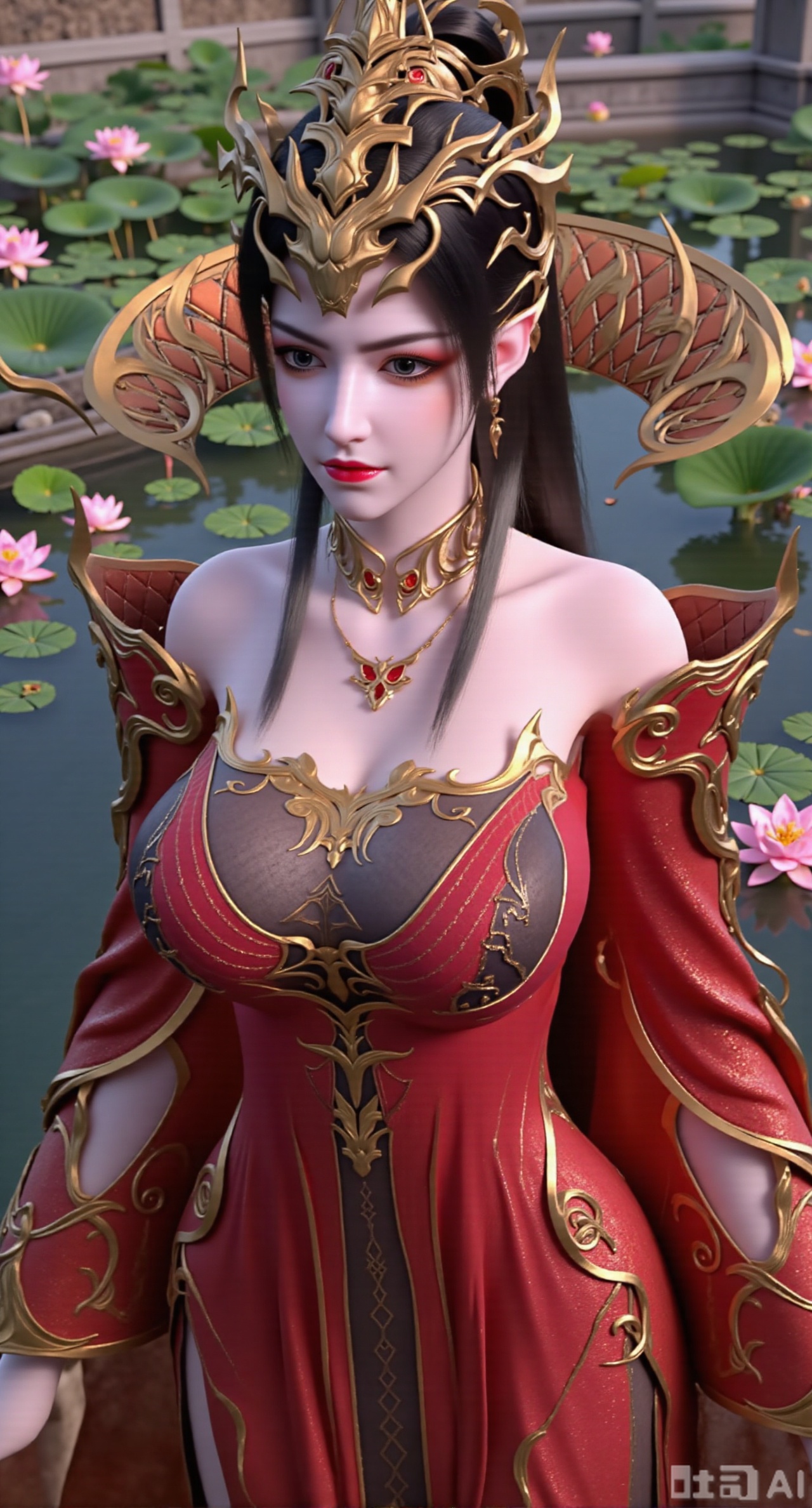 (masterpiece, best quality:1.2),1girl, navel, solo, midriff, bare shoulders, hair ornament,(long hair),(High double ponytail:1.49), red lips, BREAK, (looking at viewer:1.39), chinese clothes,(Holographic red|gold|4lack42529196305050772dress:1.36), (lace,Rainbow Gradient Color:1.28), BREAK,blurry, solo focus, long hair, lips, daytime, lipstick, outdoors, standing,upper body,(huge breasts:2.89), background, solo, makeup,(Liquid glass style flowers:1.49),(huge breasts:2.99),(full breasts:2.99),,(Background with lotus pond and pink lotus flowers:1.39),,,Xfengmian2,Xzhenxianyingling,XhenrendadiX,Xzhenxianyingling2,XhenrennvdiX,XgangshouCOS,Xgangshou,XMedusaQueen