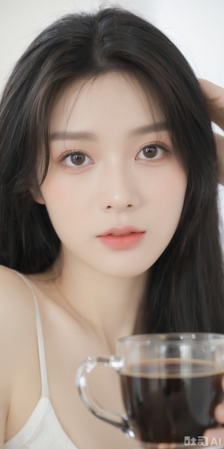 A oriental beauty who advocates freedom, with big eyes, long hair, delicate face, reflecting curves, blurred eyes, professional photography, 8k quality, working in a coffee shop,