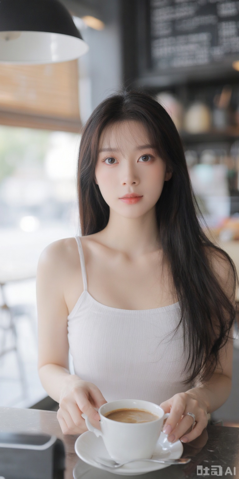 A oriental beauty who advocates freedom, with big eyes, long hair, delicate face, reflecting curves, blurred eyes, professional photography, 8k quality, working in a coffee shop,